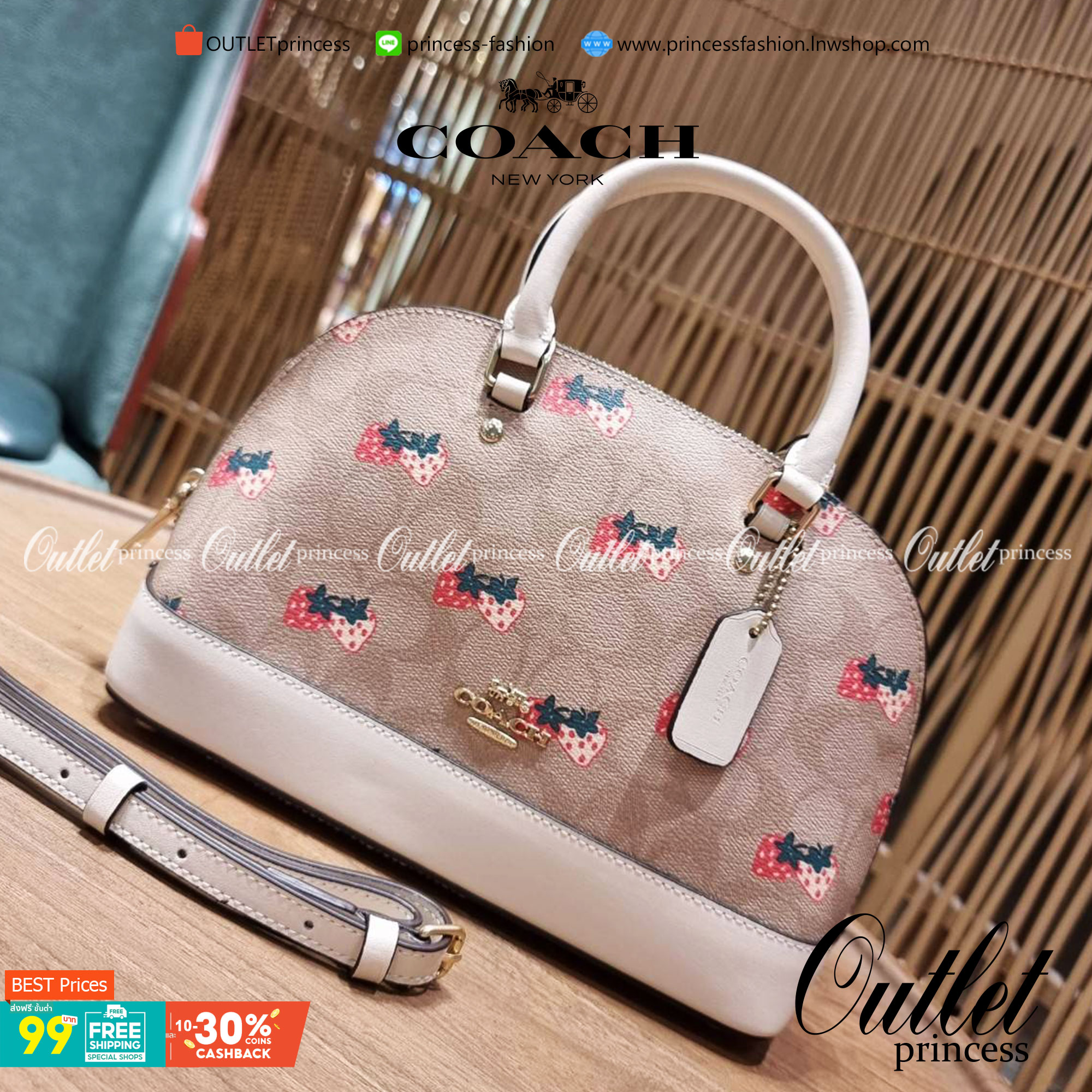 COACH 91514 MINI SIERRA SATCHEL IN SIGNATURE CANVAS WITH STRAWBERRY PRINT สายคุณหนูมารวมตัวกันตรงนี้เลยจ้า!! ละมุนกว่านี้ไม่มีแล้ว กับกระเป๋าทรงโดมสุดคลาสสิค เพิ่มดีเทลลูกเล่นลายสตรอเบอรี่ ให้มีความคิ้วท์แบบไม่เยอะเกินไป ลงตัวพอดี มาพร้อมหูจับในตัวและสายส