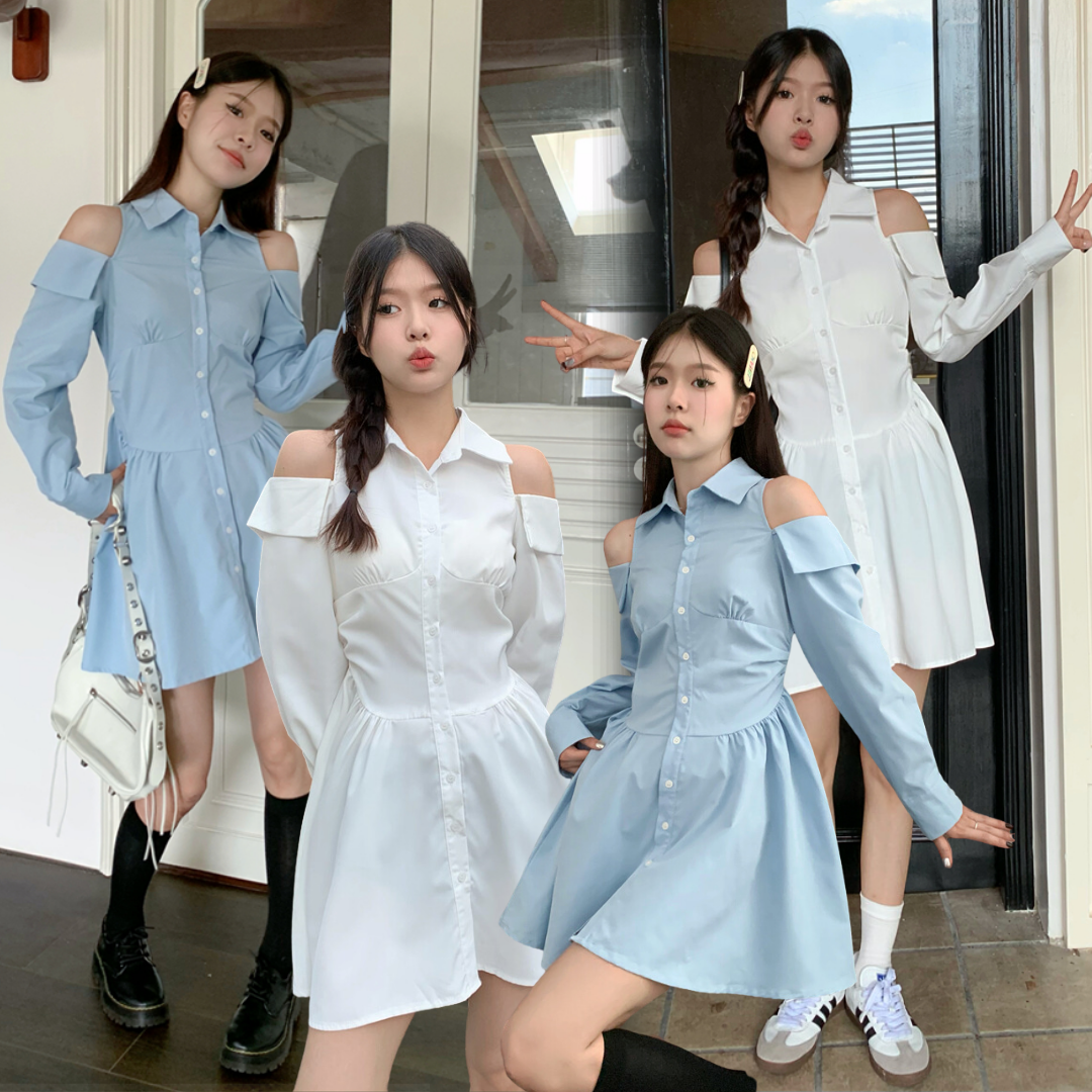 พร้อมส่ง 🐰🩰🥟 Doxa dress เดรสแขนยาวเปิดไหล่เอวเข้ารูปทรงสวย (IN38182)