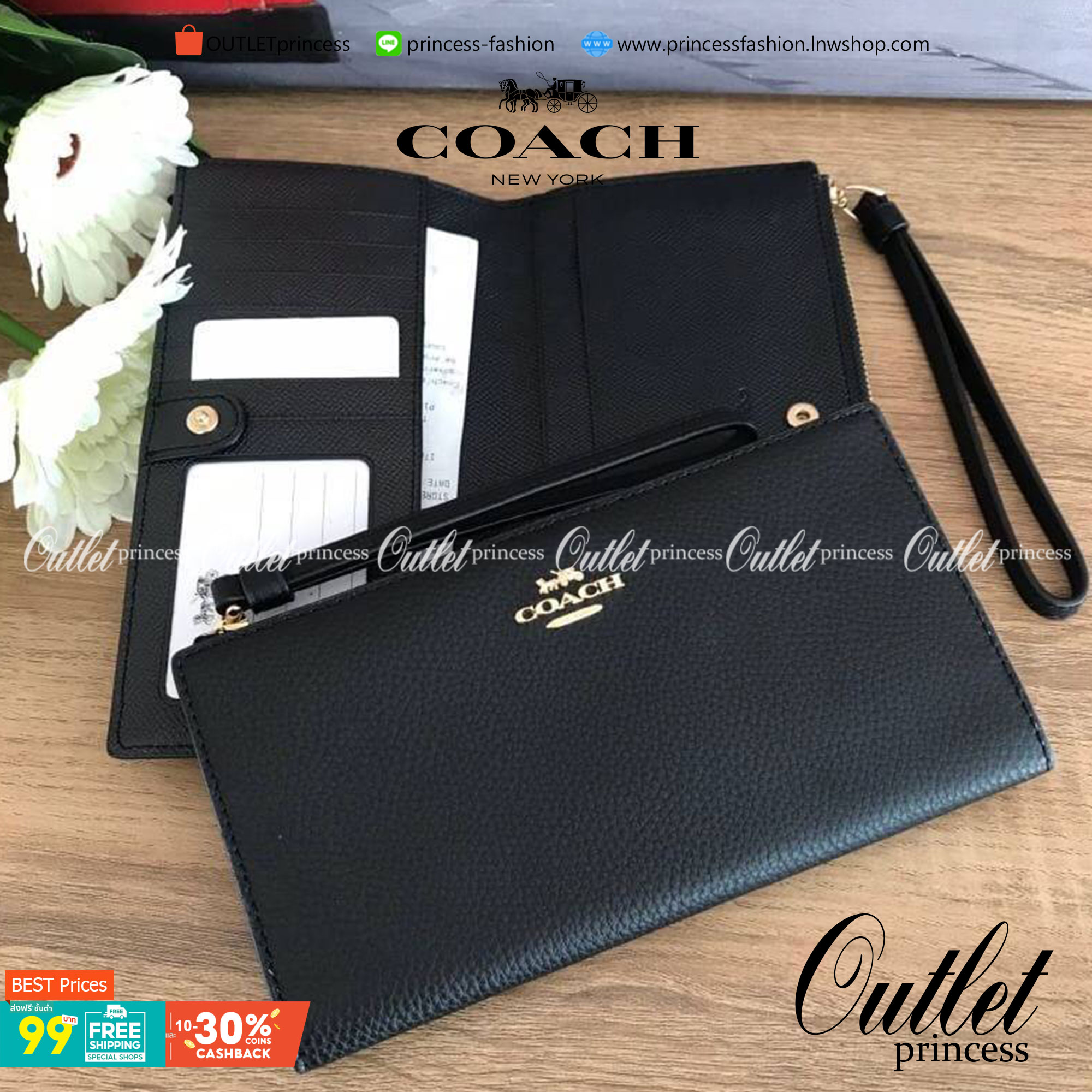 COACH 73156 Pebbled Leather Long Wallet พร้อมส่งสีดำ สีน้ำตาล