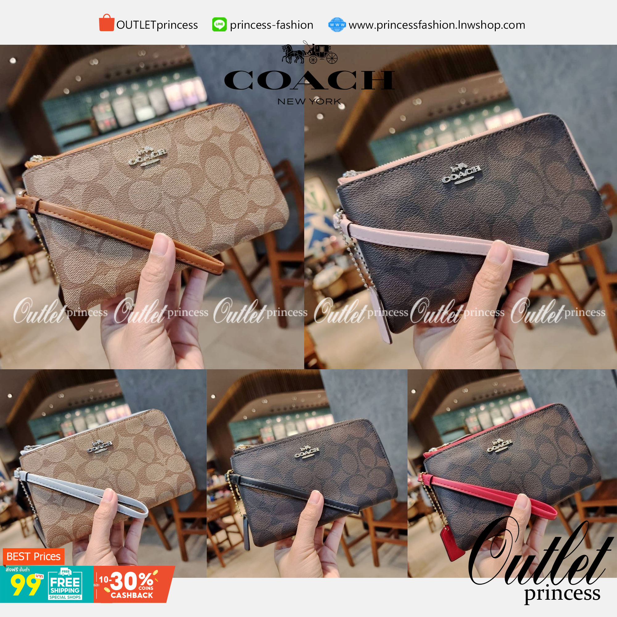 COACH F87591 DOUBLE CORNER ZIP WALLET IN SIGNATURE COATED CANVAS คล้องมือรุ่น 2 ซิป!! มาแล้วจ้า 🌟🤗 ไซส์นี้คือเหมาะมือจริงๆ พกง่ายเช่นเคย ไม่ต้องกังวลว่าจะเกะกะหรือกินพื้นที่กระเป๋าหลัก วัสดุหนังแคนวาสเคลือบลาย มีช่องหลักแยก 2 ช่อง ภายในบุผ