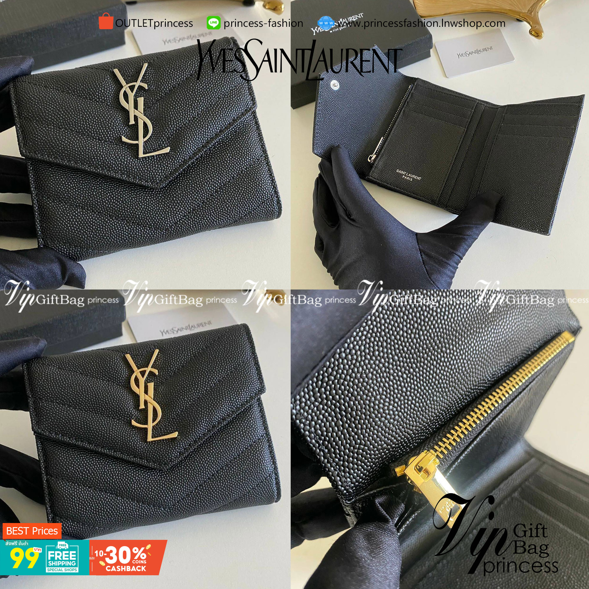 VIP GIFT 】หนังแท้ YSL 13cm SAINT LAURENT Monogram Compact Trifold Wallet กระเป๋าสตางค์ใบสั้น 3 พับ งานดีสุด รอบที่แล้วไม่พอขาย สามพับ ใส่แบงค์ ใส่บัตร ใส่เหรียญได้เยอะ ใบเดียวครบจบเลย หนังสวยมาก ละเอียดสุดๆ
