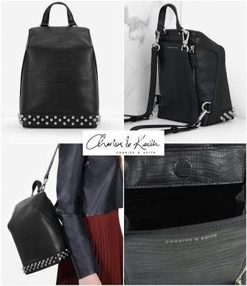 CHARLES & KEITH BACKPACK กระเป๋าเป้สพาย รูปทรงน่ารัก แต่งหมุดให้ look เท่ห์ในตัว ใส่ของได้เยอะ มีซิปเปิดปิดทั้งสองข้าง และกระดุมแม่เหล็ก สวยหรูน่าใช้มากค่ะ