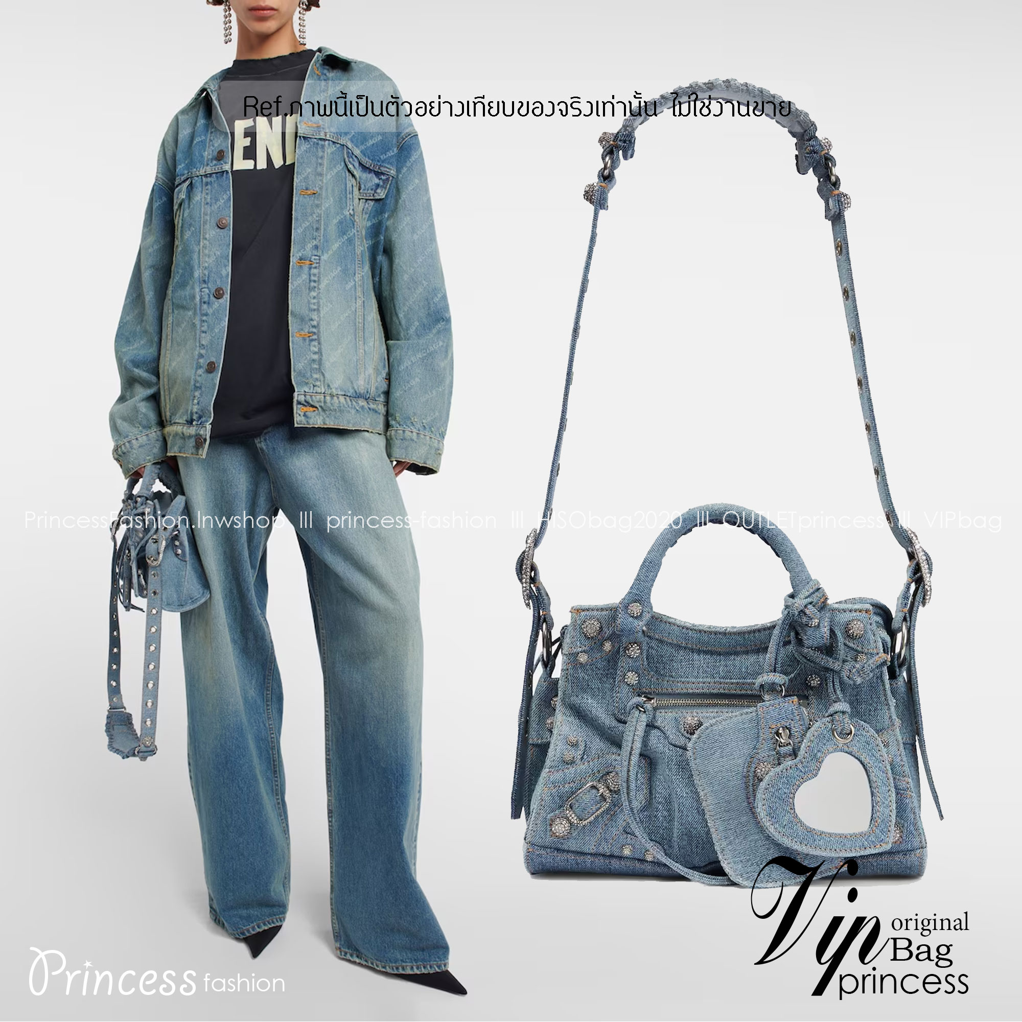 Balenciaga NEO CAGOLE XS HANDBAG DENIM IN BLUE aged-silver hardware with rhinestones กระเป๋าสะพายเดนิม สวยเท่ ประดับหมุดเพชร เกรดออริ 1:1 สลับแท้ ใช้งานต่างประเทศได้