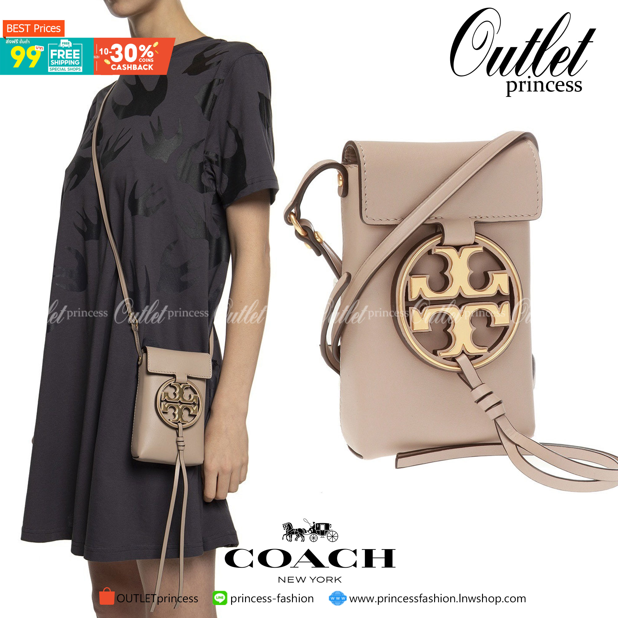 TORY BURCH MILLER METAL PHONE CROSSBODY อีกหนึ่งกระเป๋าใส่มือถือรุ่นฮิตที่เชื่อว่าหลาย ๆ คนต้องเคยเห็นผ่าน ๆ ตามาอย่างแน่นอน กับแบรนด์ Tory Burch ดีไซน์กระเป๋าทรงฝาพับแม่เหล็กใช้งานง่าย มาพร้อมดีเทล Logo แบรนด์โดดเด่นสีทองตัดกับหนังแกะสีดำ ดูหรูดูแพง! แต่