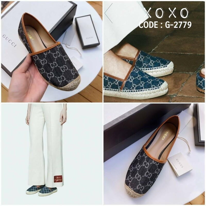 GUCCI คัชชู หน้ากว้าง ใส่สบาย วัสดุยีนส์ลายแบรนด์ นุ่มใส่สบาย แต่งปอฟางรอบ สวยเก๋ แมทส์ชุดง่าย น้ำหนักเบา