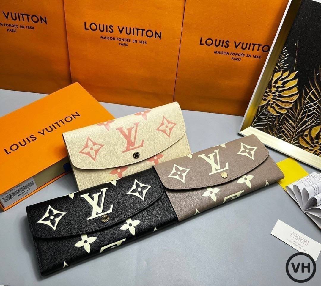 ORI หนังแท้ | LV Emilie Wallet Bicolor Monogram Empreinte Leather / LV Long Wallet กระเป๋าสตางค์ใบยาวสไตล์ซองจดหมายที่มีฝาปิดแบบพับได้ ปิดด้วยกระดุมแป๊ก