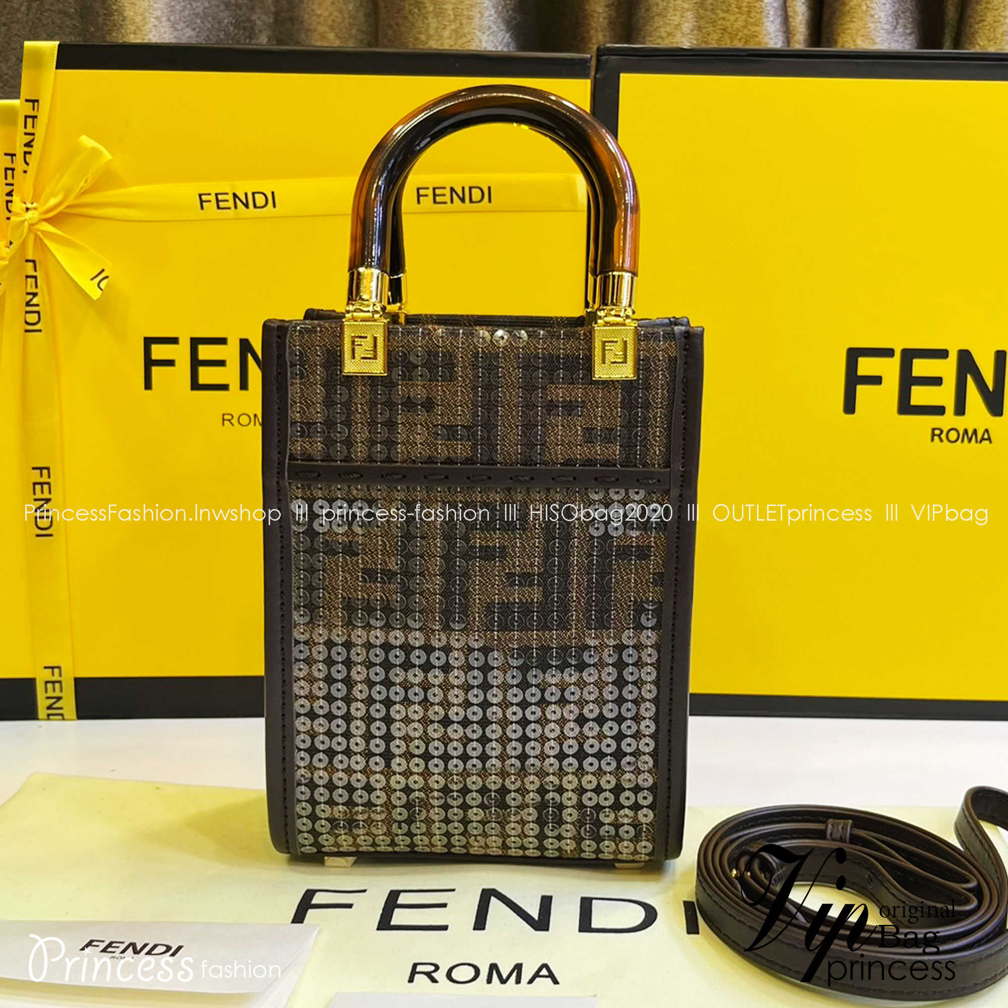 FENDI Mini Sunshine Shopper jacquard FF motif with shiny transparent sequins / Fendi Tote bag พร้อมส่ง กระเป๋าสะพายทรงมินิโท้ท ปักเลื่อมแวววาว รุ่นใหม่ สวยหรู **สินค้าเกรดออริจินอล 1:1 สลับแท้