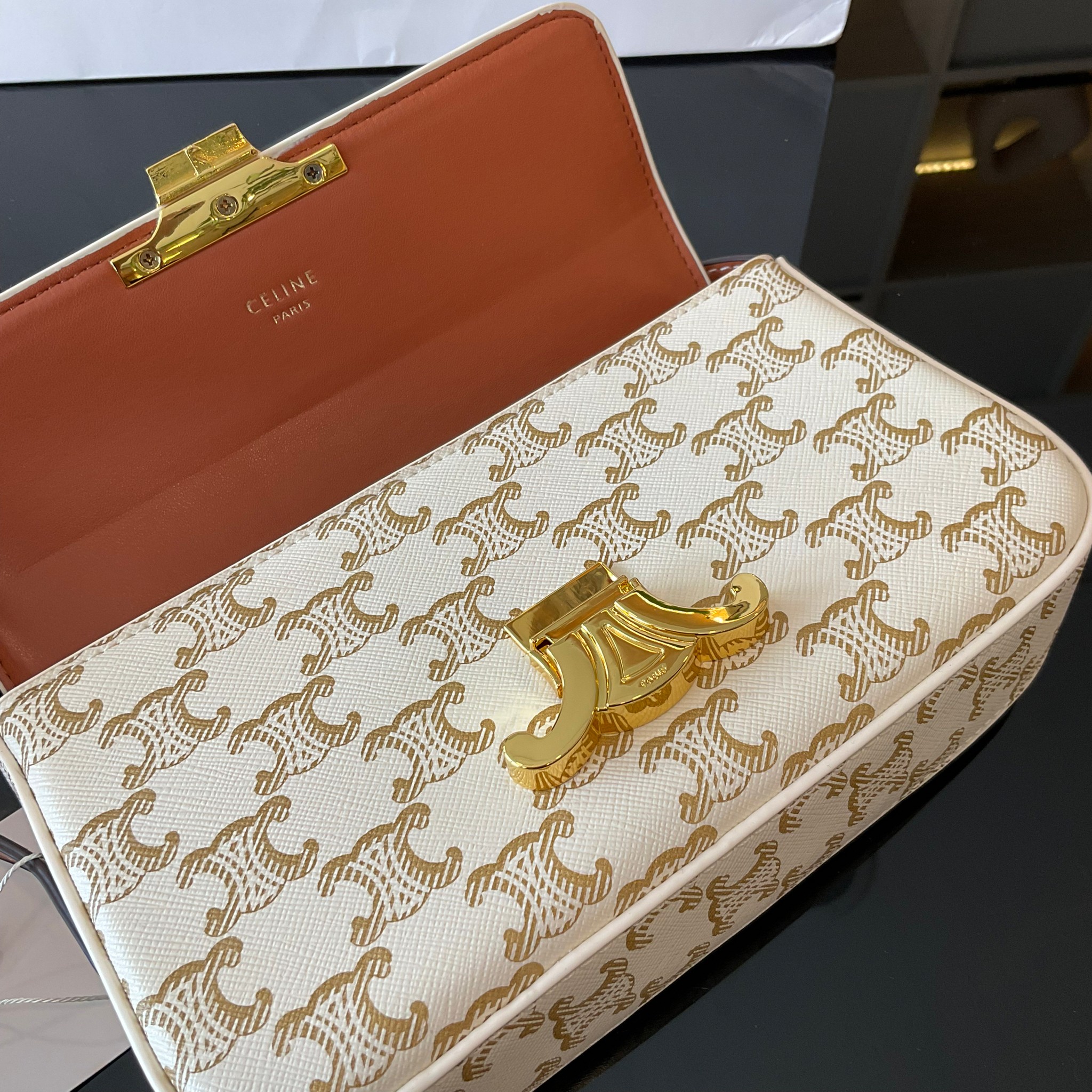 CELINE TRIOMPHE SHOULDER BAG งานหนังทั้งใบลายสวยหรู ด้านในเปิดด้วยด้วยที่บีบโลโก้อะไหล่ทอง จุของได้กำลังดี ใส่โทรศัพท์ กระเป๋าสตางค์ใบสั้น ของจุกจิกได้ เหมาะกับสาวๆในวันที่อยากสะพายชิลๆ ห้ามพลาดค่ะ!