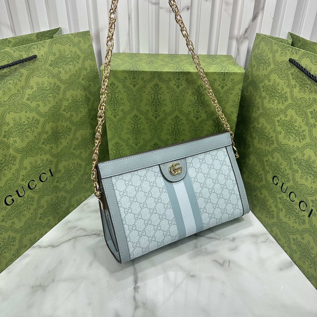 GUCCI Ophidia GG small shoulder bag Supreme Love Parade กระเป๋าสะพายทรงพอช สีใหม่พาสเทลสวหวานพร้อมสายโซ่สีทองหรูหรา