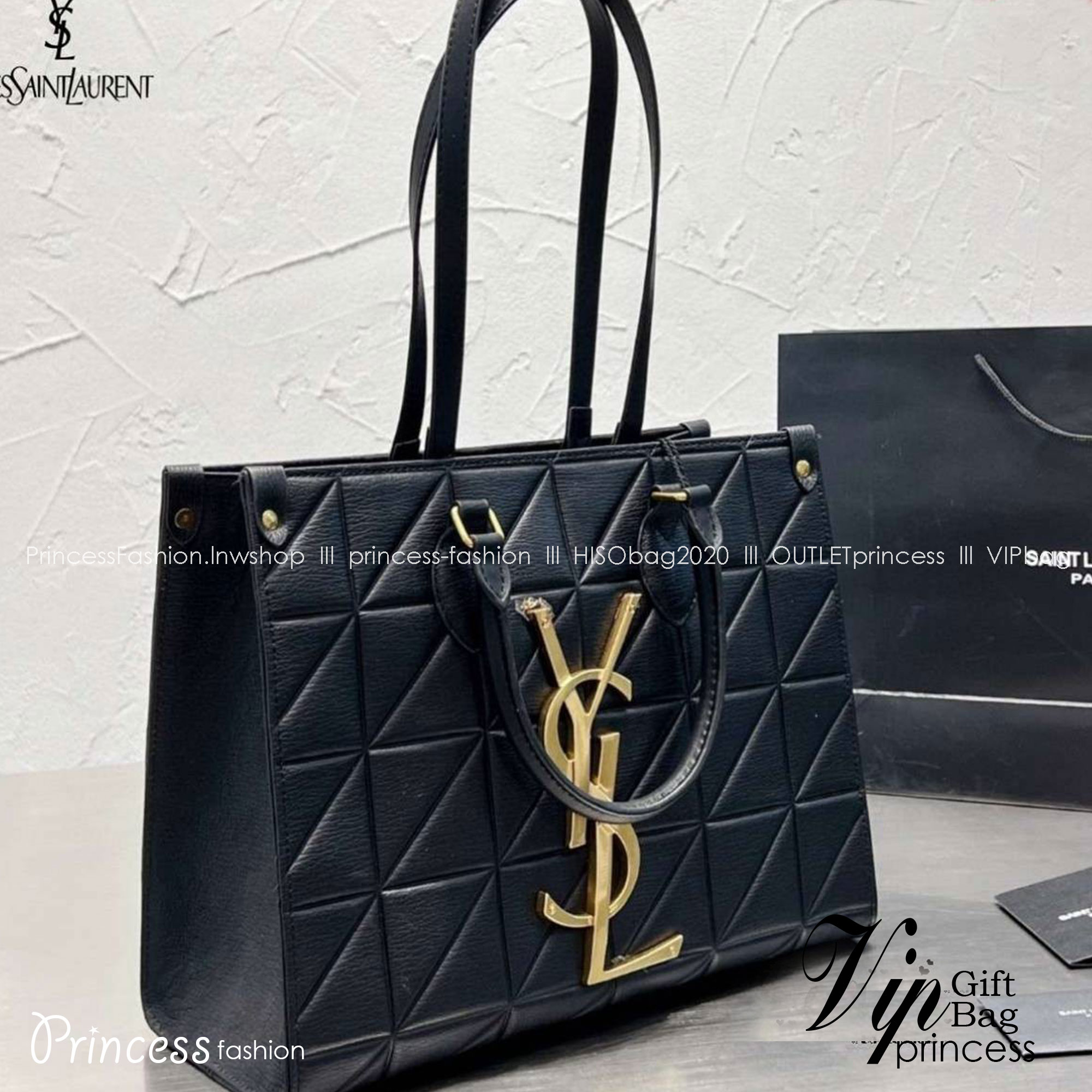 YSL Shopping Bag / YSL TOTE BAG กระเป๋าถือทรงช็อปปิ้งงานสวยอยู่ทรง หนังลายตารางหน้าโลโก้โดดเด่นอะไหล่สีทองสวยหรู