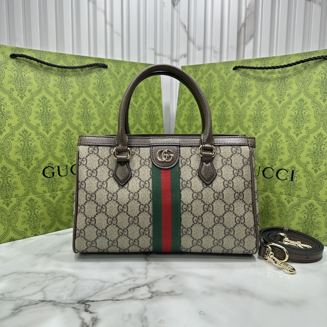 ORI หนังแท้ | Gucci Ophidia small tote bag Monogram Double G / Gucci Tote Bag กระเป๋าสะพายทรงโท้ทใบเล็ก คอลเล็กชั่น Ophidia ไฮไลท์รูปทรงและฟังก์ชั่นการใช้งานที่ได้รับการตีความใหม่