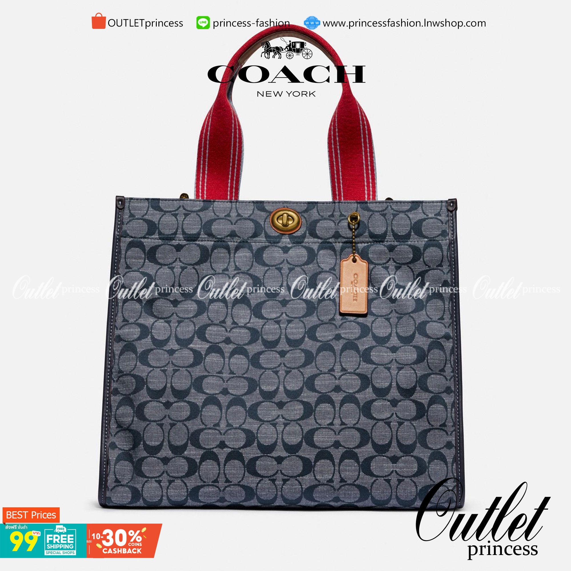 COACH Tote 34 In Signature Chambray หากคุณกำลังมองหากระเป๋าที่มีดีไซน์แปลกตา ไม่ค่อยเหมือนที่พบเห็นทั่วไป ต้องเป็นรุ่นนี้เลยค่ะ นอกจากจะผลิตจากผ้าแชมเบรย์ซึ่งมีน้ำหนักเบาแล้ว ยังให้สีสันคล้ายกับสียีนส์ สายสะพายและหูหิ้วสไตล์สปอร์ต ที่สำคัญยังมีหมุดปิดกระเ