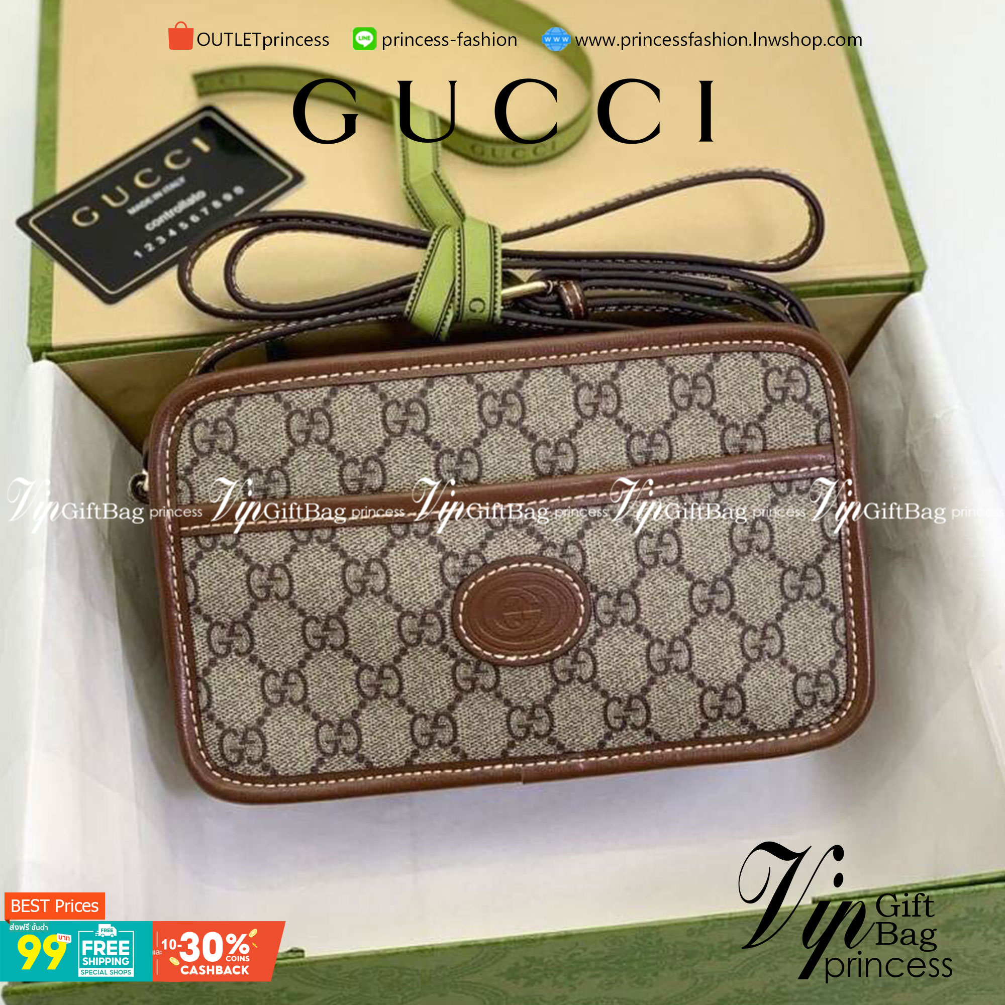 VIP 】หนังแท้ GUCCI Mini Bag With Interlocking G In GG Supreme And Brown Leather พร้อมส่งที่ไทย กระเป๋าสะพายดีไซน์สวย ใช้ได้ทั้งชายหญิง คลาสสิคและน่ารักในตัว ใช้งานง่าย ใช้ได้หลายโอกาส งานหนังแท้ สวยมากค่ะ