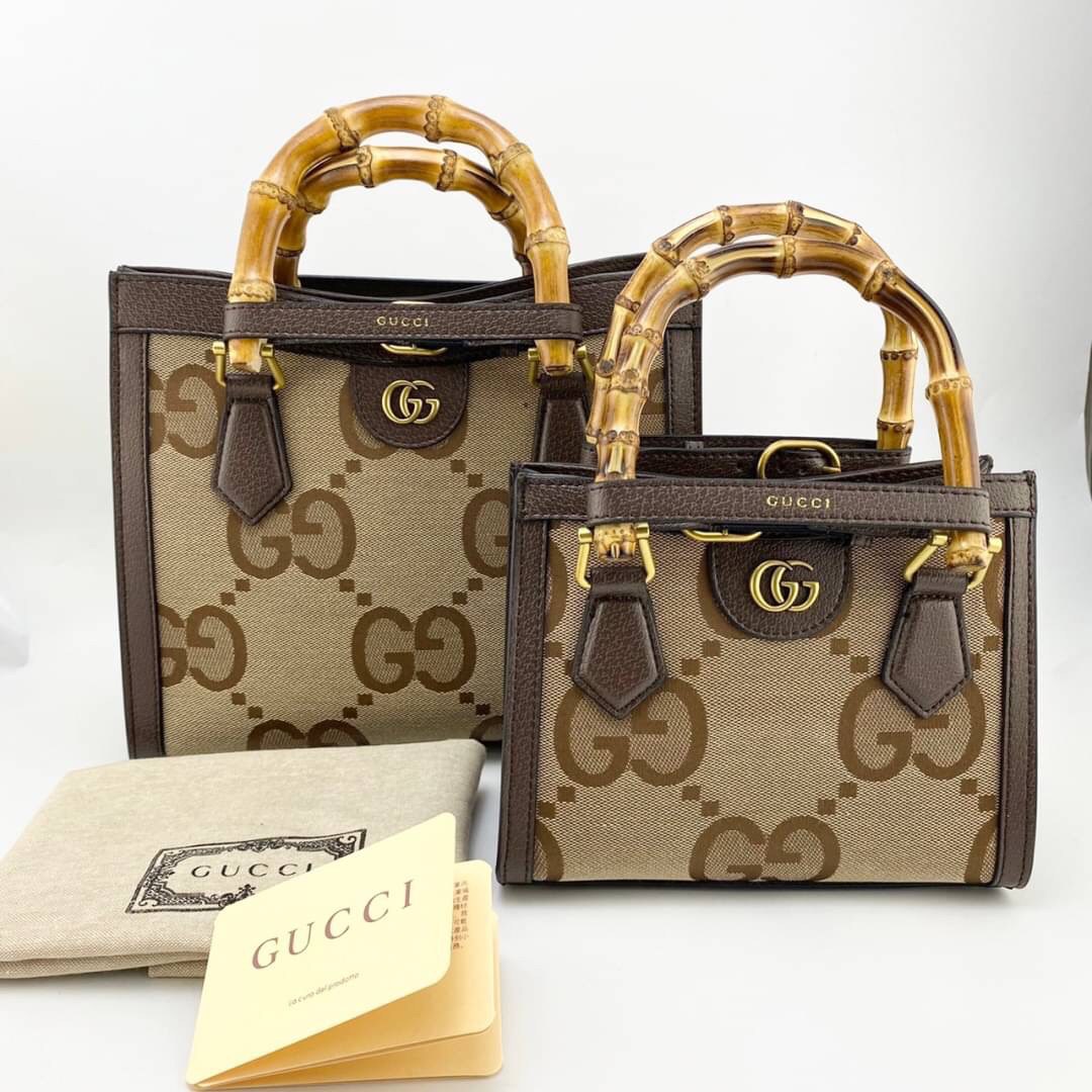 หนังแท้ Gucci Diana jumbo GG tote bag (mini/small) พร้อมส่งที่ไทย Brown Camel and ebony jumbo GG canvas ภาพถ่ายจากสินค้าจริง