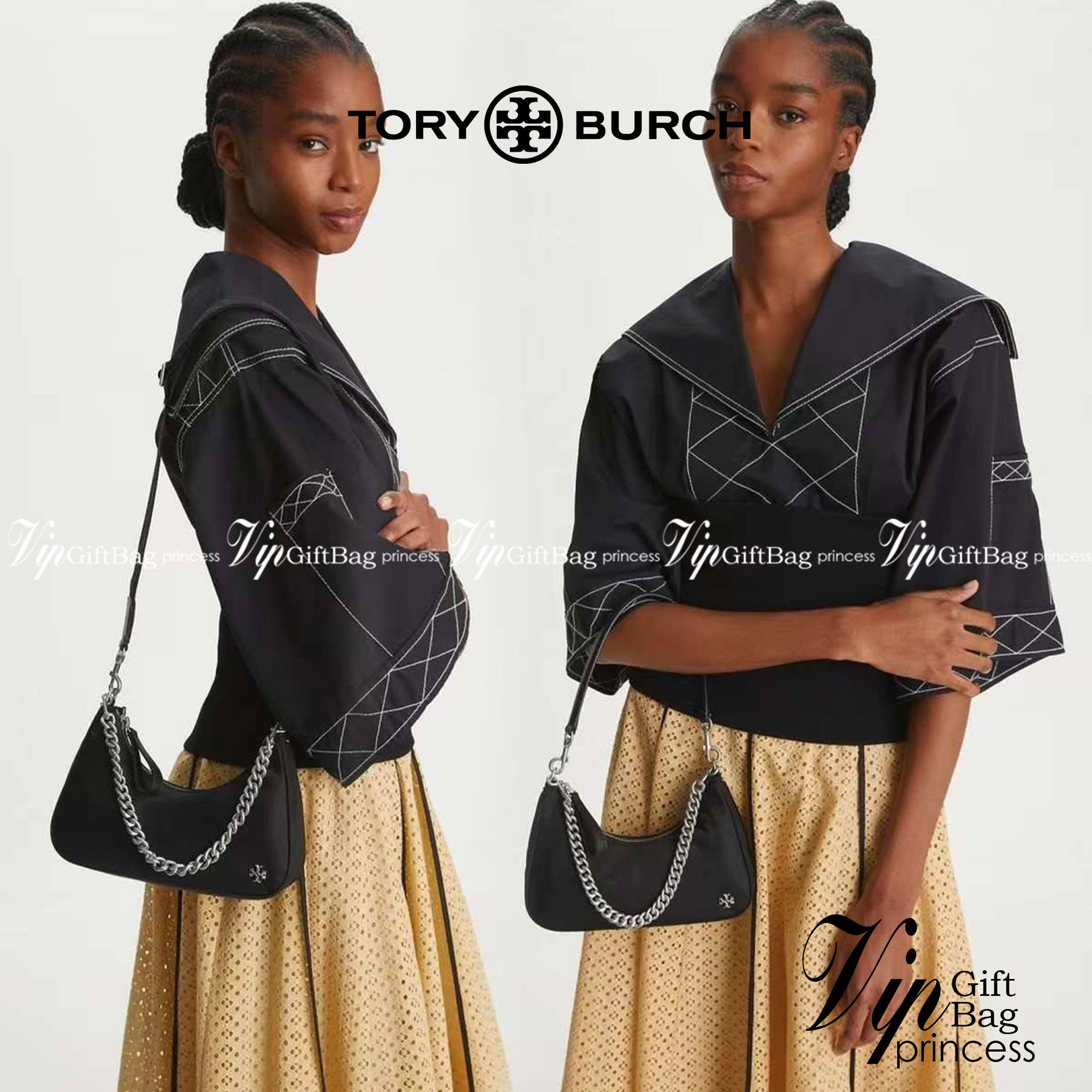 TORY BURCH handbag / TORY BURCH shoulder bag พร้อมส่งที่ไทย Tory Burch 151 Mercer Small Crescent Bag กระเป๋าถือหรือสะพายไหล่ วัสดุNylon อะไหล่เงิน น้ำหนักเบา พกพาสะดวก ใส่โทรศัพท์ iIphone+ ได้ ด้านในโล่งมีช่องเล็กใส่บัตร 2 ช่อง มาพร้อมสายสั้น สายหนัง+สายโ