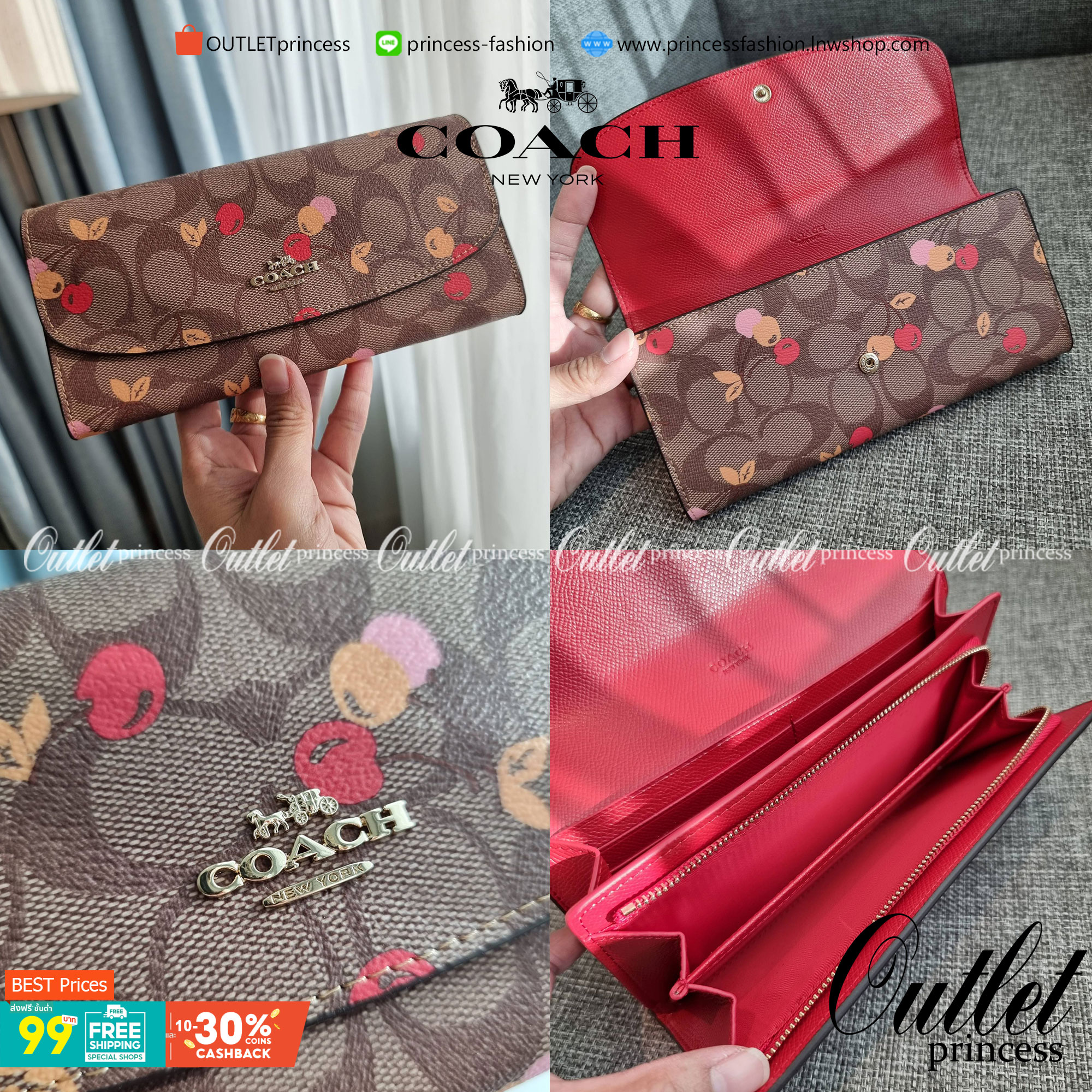 OUTLET 】COACH F31562 SLIM ENVELOPE WALLET IN SIGNATURE CANVAS WITH CHERRY PRINT คอลเลคชั่นใหม่ล่าสุด ต้อนรับนิวเยียร์ไปเลย!! 🍒🎊 กระเป๋าสตางค์รุ่นขายดี ทรงจดหมายรุ่นฝาพับ ดีไซน์ลายเชอร์รี่ น่ารักสดใส วัสดุหนังแคนวาสเคลือบลาย ภายในใส่มือถือไ