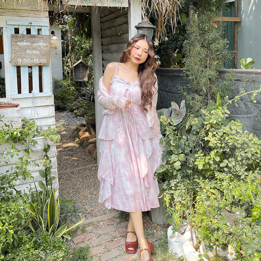 พร้อมส่ง 🎀👼🏻 Micaella dress & cardigan เดรสสายเดี่ยวระบายสีชมพู เสื้อคลุมผ้าซีทรู (38471)