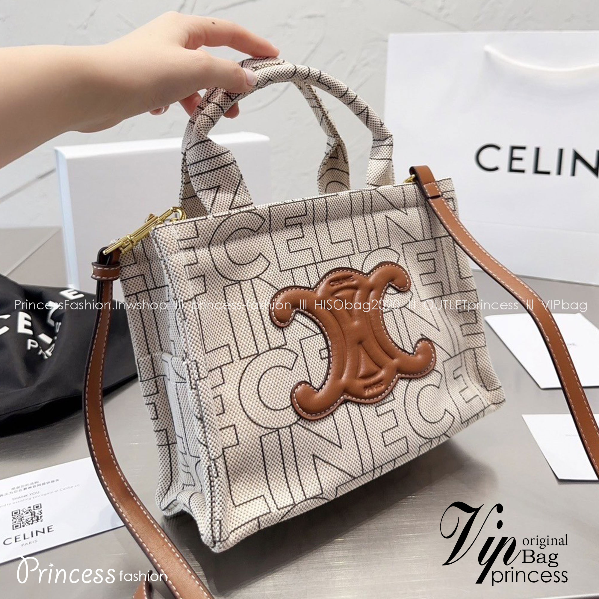 CELINE Tote Bag / CELINE Small Cabas Thais in Textile with Celine All-Over Print กระเป๋าทรงโท้ทรูปทรงสวย ประดับโลโก้หนังด้านหน้า จุของได้กำลังดี