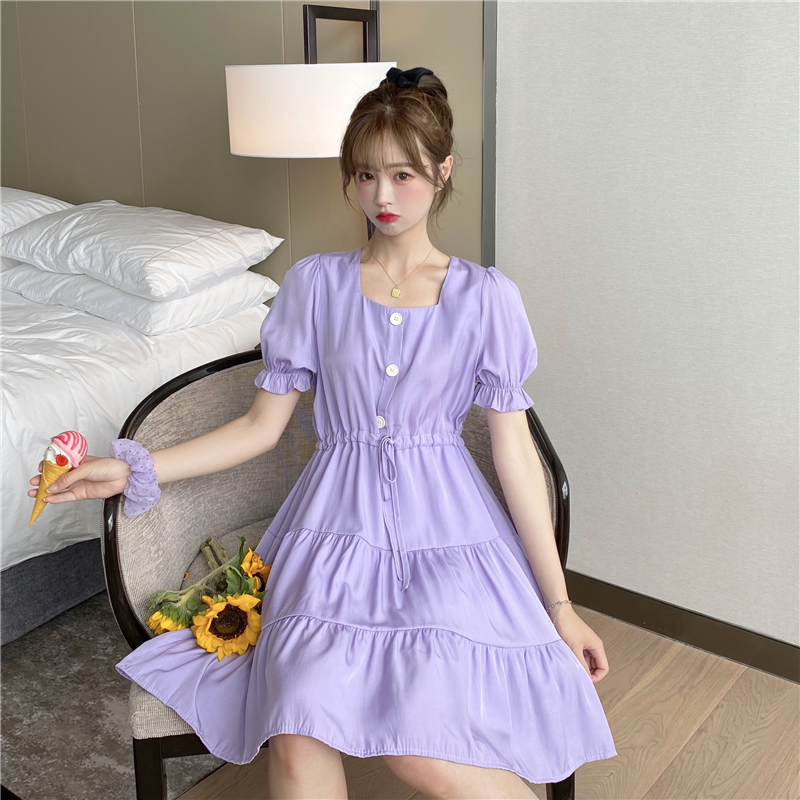 (พร้อมส่ง) เดรสแขนสั้นระบายเป็นชั้น แขนตุ๊กตา สีม่วง