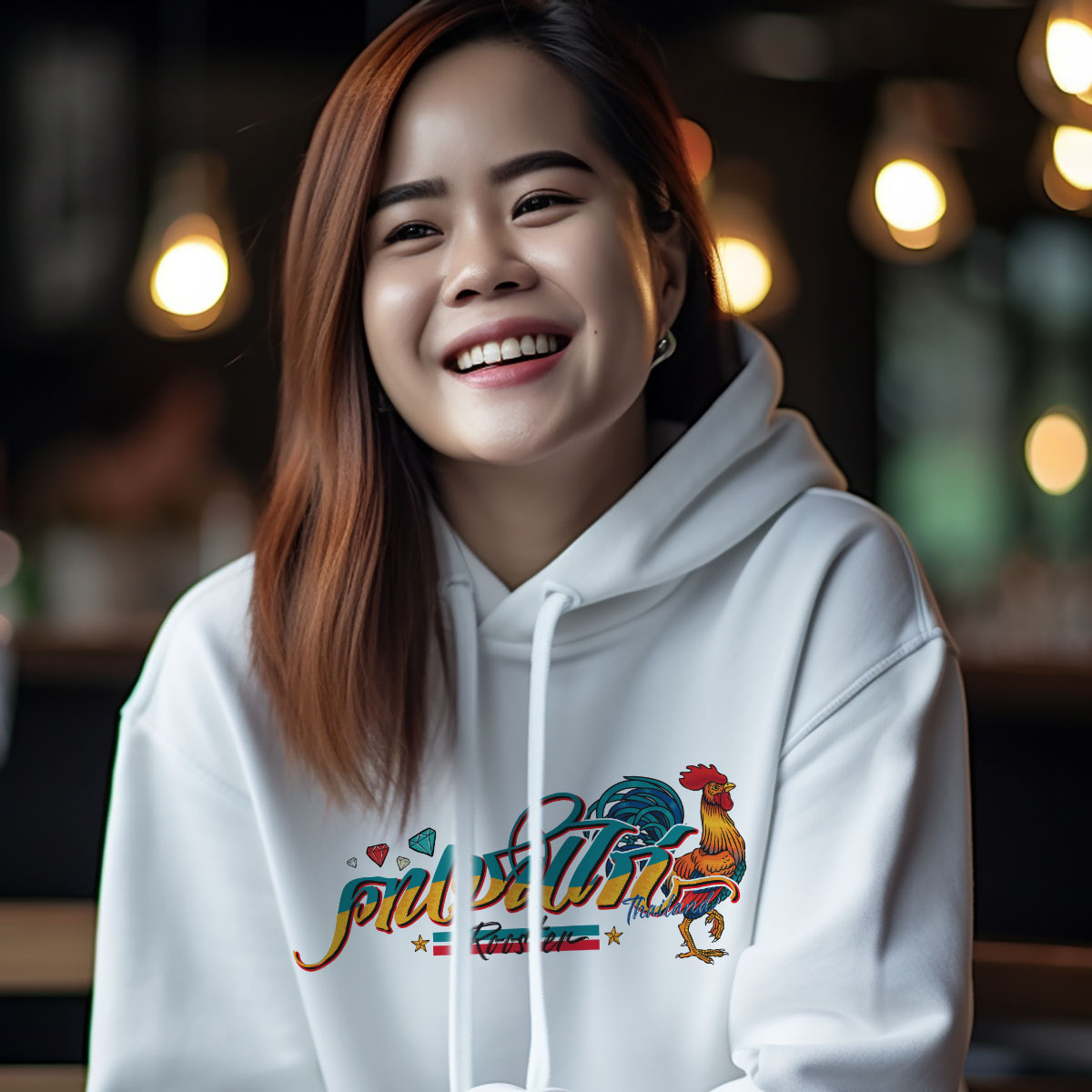 77design Hoodie เสื้อฮู้ดขาว คนชนไก่