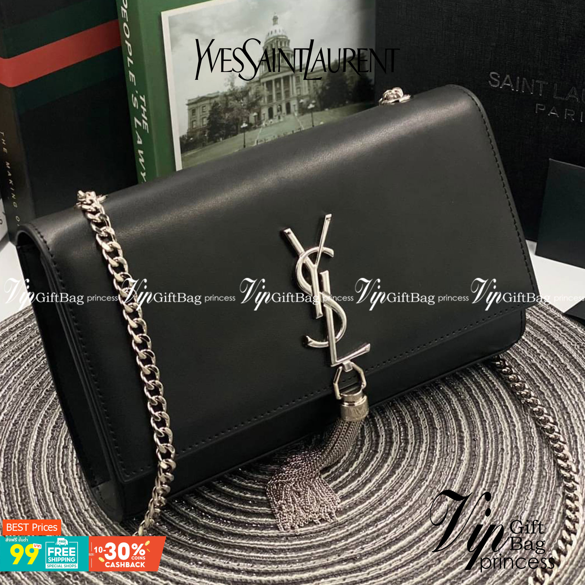 VIP 】หนังแท้ YSL Saint Laurent Monogram Kate Leather Shoulder Bag พร้อมส่งที่ไทย!! รุ่นหนังเรียบ อะไหล่เงิน CLASSIC SAINT LAURENT MONOGRAM SHOULDER BAG DECORATED WITH METAL YSL INITIALS AND CHAIN TASSEL, FEATURING A CHAIN SHOULDER STRAP.
