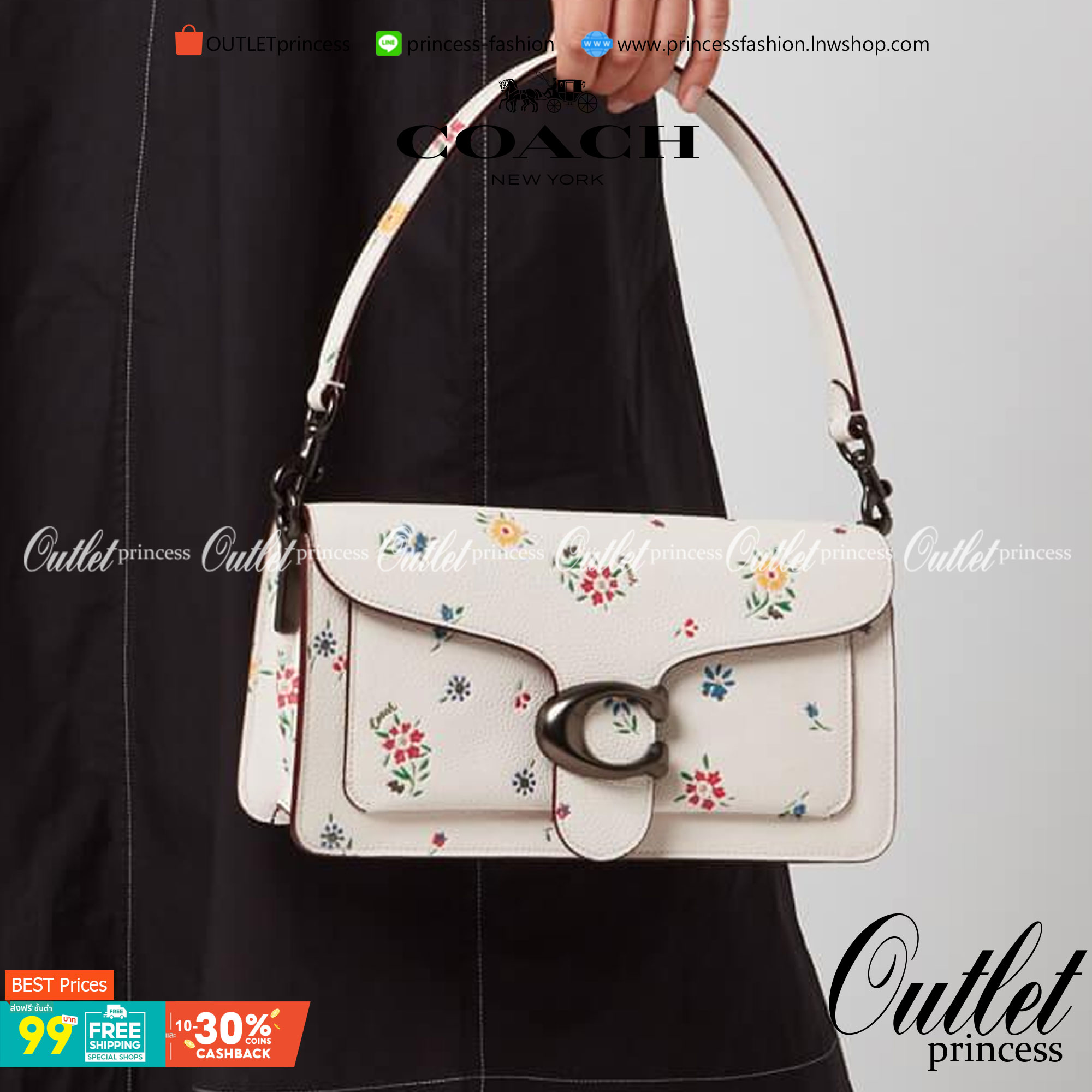 OUTLET 】รุ่นหายาก รุ่นตามหา ห้ามพลาดค่ะ! COACH TABBY FLORALPRINT ((B2081-630)) Wildflower-print Leather Shoulder Bag In White พร้อมส่งอีกครั้งค่ะ! กระเป๋าหิ้ว//สะพายไหล่//สะพายข้างได้หรือถือแบบคลัทออกงานได้เลย สุดคุ้ม! หนังแท้นิ่มอย่างดี 🌸 จุดเด่น