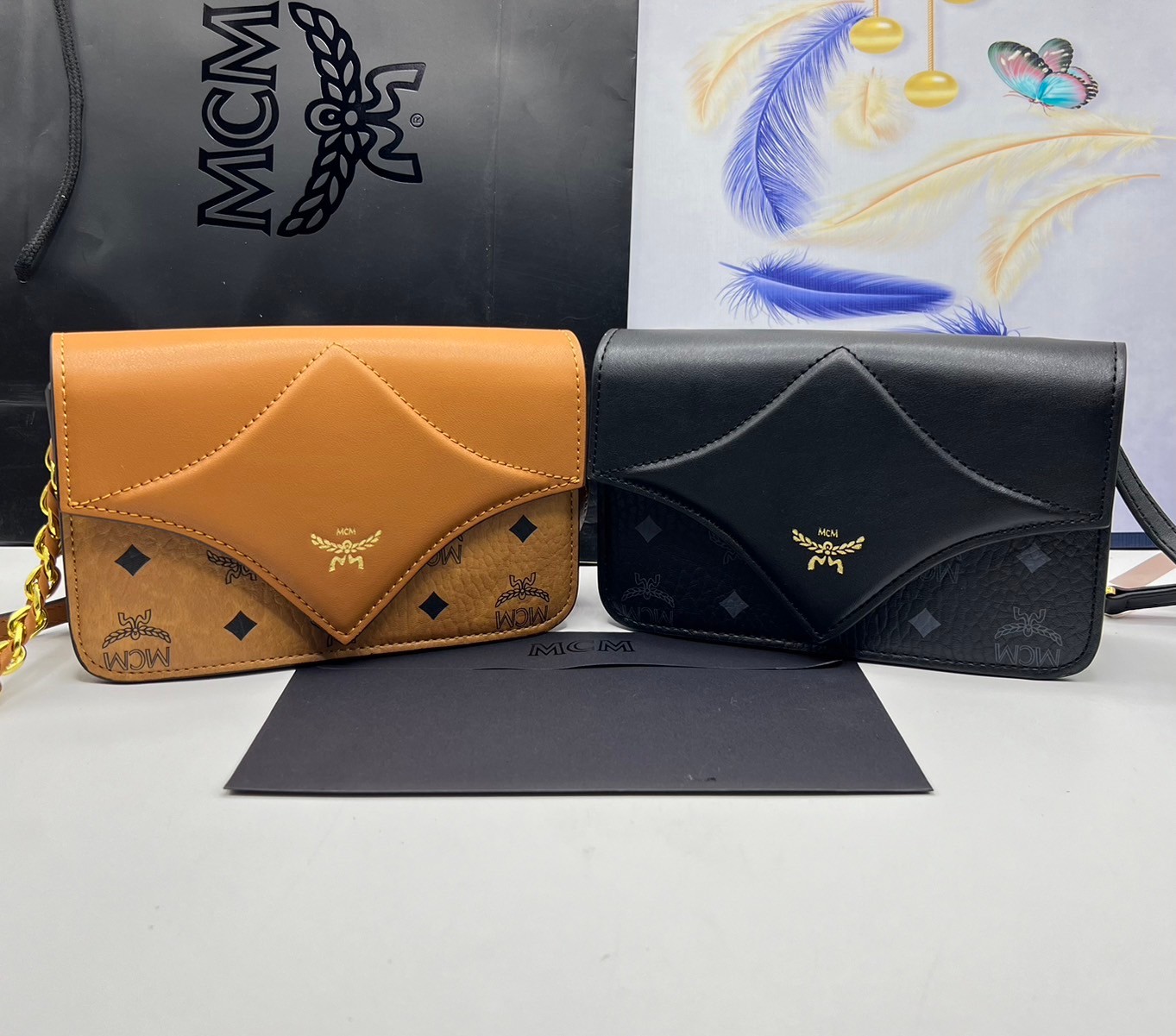 M.C.M DIAMOND SHOULDER BAG IN VISETOS LEATHER MIX กระเป๋าสะพายดีไซน์ใหม่ แรงบันดาลใจรูปทรงมาจากเพชรสวยงาม เกรดท็อปออริ 1:1 สลับแท้