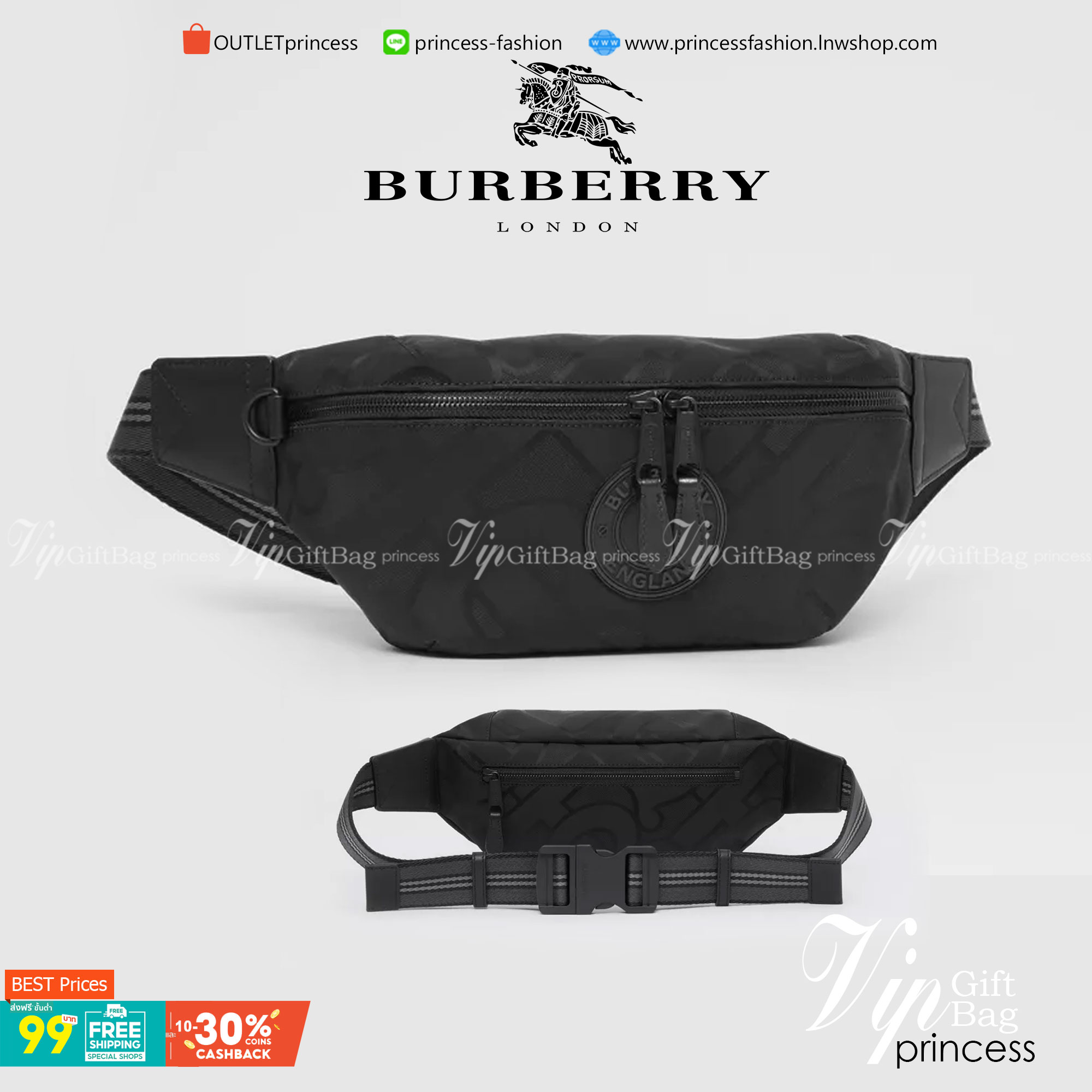 BURBERRY FRAGRANCES MONOGRAM BELT BAG VIP GIFT WITH PURCHASE (GWP) กระเป๋าพรีเมี่ยมกิ๊ฟ Limited จากน้ำหอม BURBERRY วัสดุ100%POLYAMIDE (Nylon & Canvas) น้ำหนักเบามีโลโก้ด้านหน้าเปิดปิดด้วยซิปหัวซิปแบรนด์ ด้านหลังมีช่องซิป ภายในมีโลโก้ใช้ใส่มือถือ กระเป๋าสต