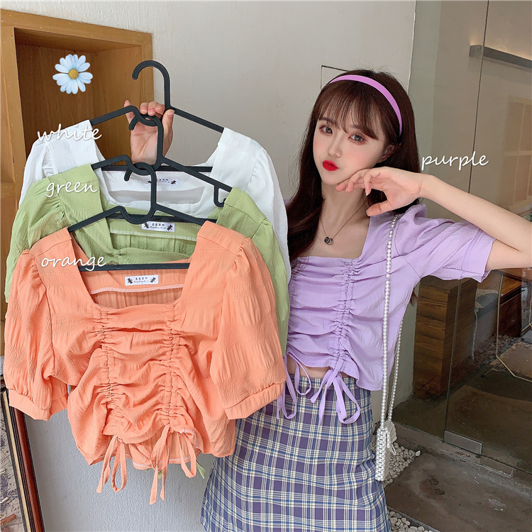 (พร้อมส่ง 4 สี) เสื้อแขนสั้น มีเชือกรูด น่ารักมาก
