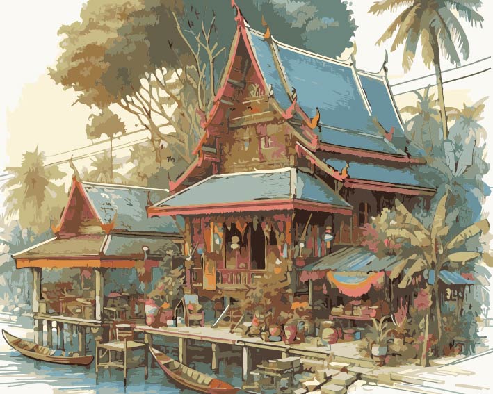 RCG006 ภาพระบายสีตามตัวเลข "เรือนไทยริมคลอง"