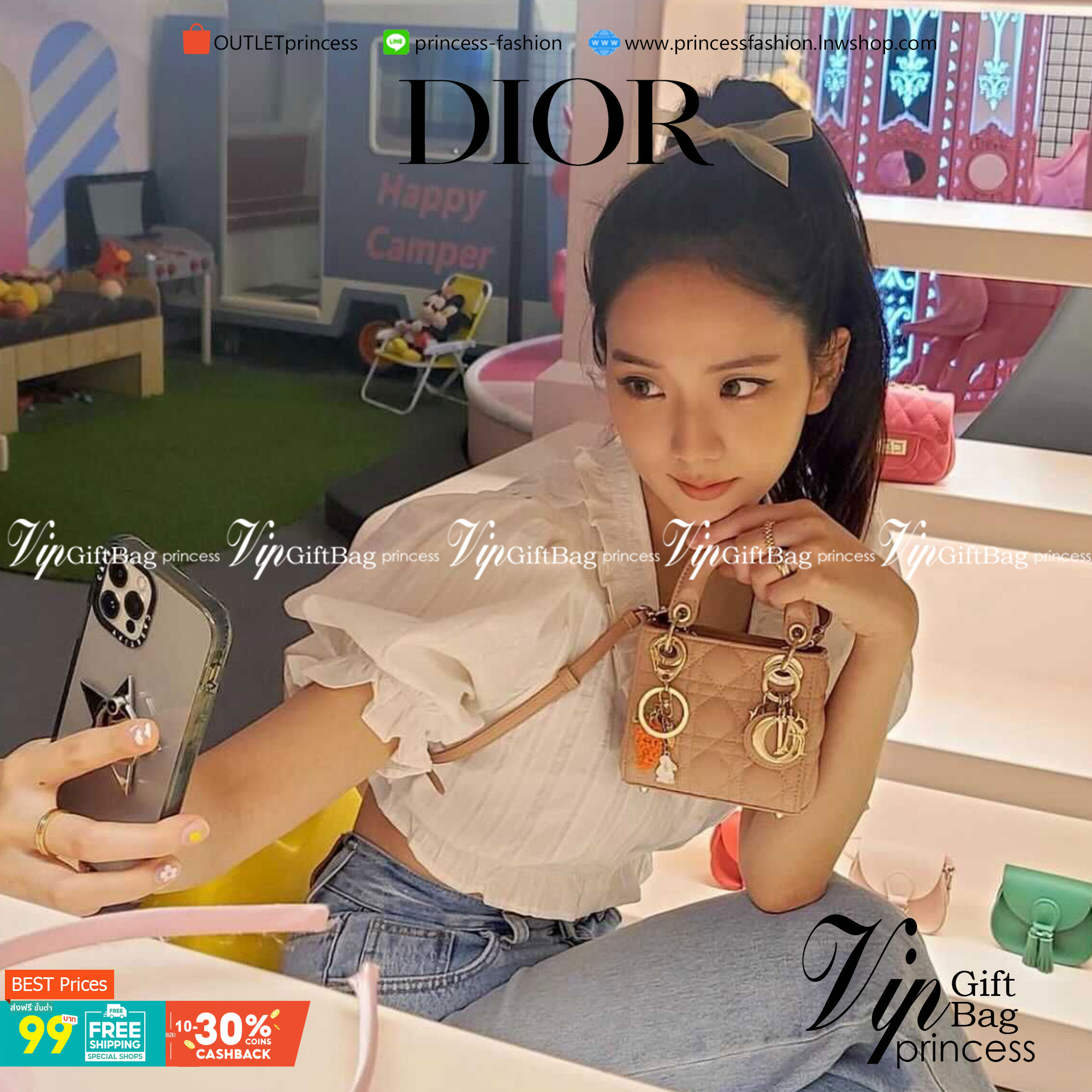 VIP 】หนังแท้ CHRISTIAN DIOR MICRO LADY DIOR BAG Cannage Lambskin