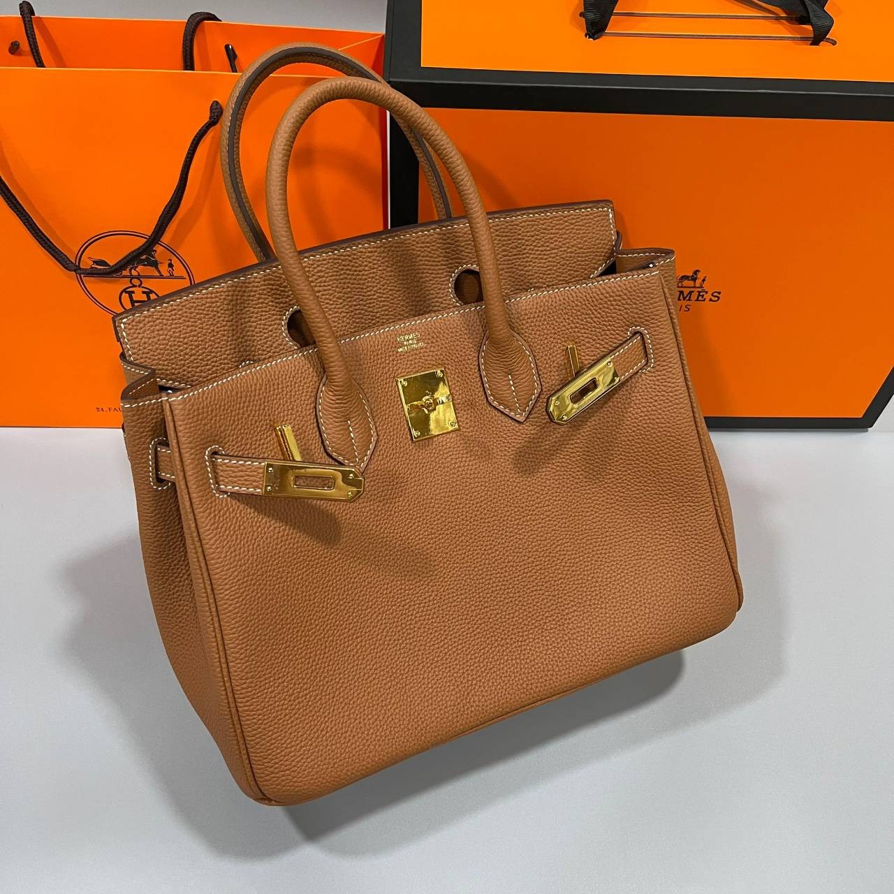 หนังแท้ Hermes BIRKIN 25CM epsom in MAUVSSYLESTE COLOR FULL HANDMADE GOLD HARDWARE เกรดออริจินอล ภาพสินค้าถ่ายจากงานขายจริง