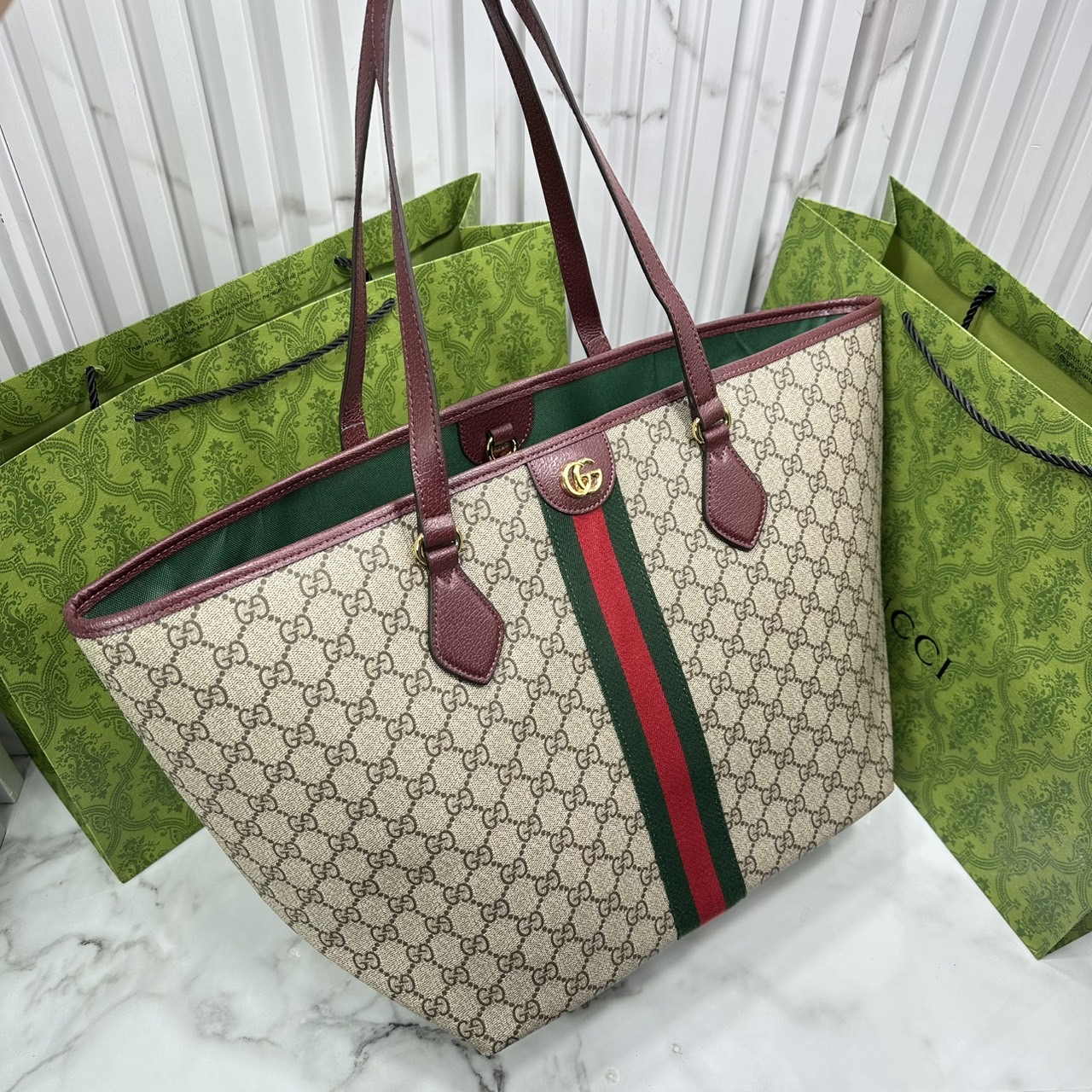 ORI หนังแท้ | Gucci Ophidia medium tote bag GG Monogram Double G / Gucci Tote Bag กระเป๋าสะพายทรงโท้ทใบใหญ่ ภายในโล่งกว้างจุของได้เยอะ