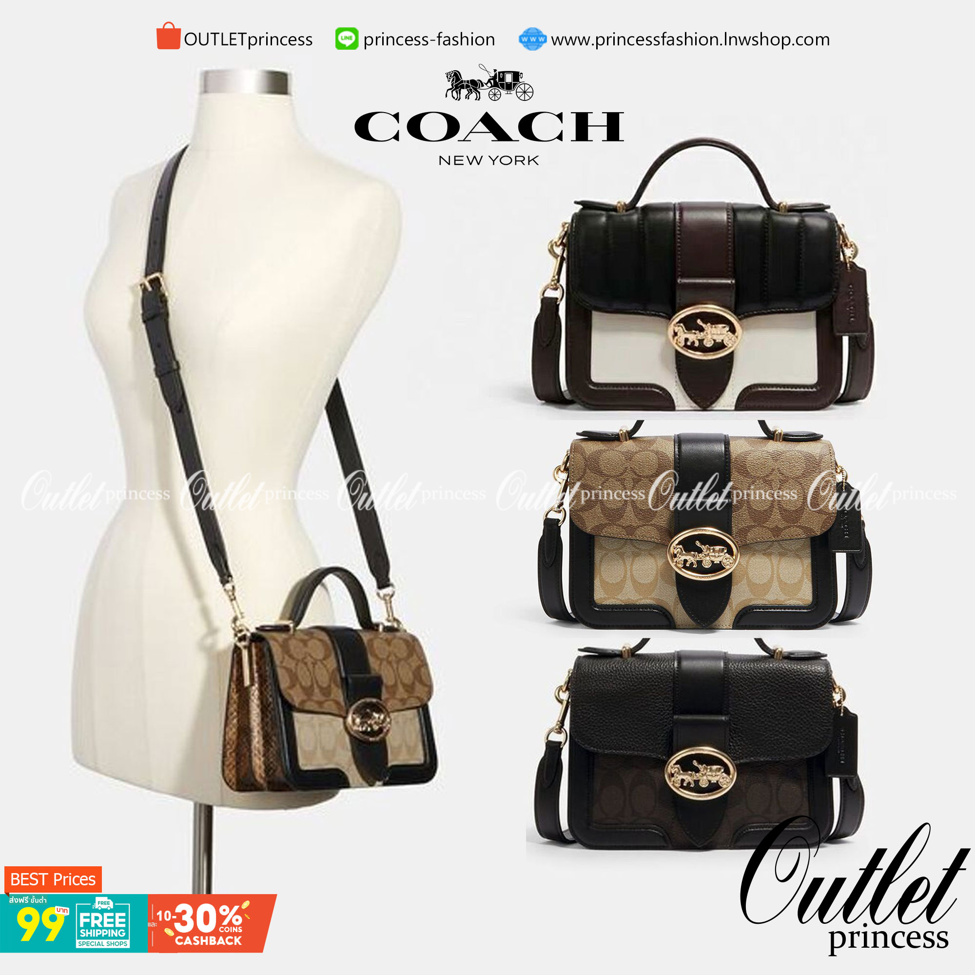 COACH SMALL GEORGIE TOP HANDLE IN BLOCKED SIGNATURE CANVAS ((6504//0468//6192//6015)) compact body portable shoulder bag 🌈ห้ามพลาด รุ่นแนะนำค่าา! พร้อมส่งทันที! กระเป๋าหิ้ว//สะพายข้างได้ วัสดุหนังแท้ 🔺หนึ่งใบทำลายหนังผสมกัน3แบบได้ลงตัวสวยง