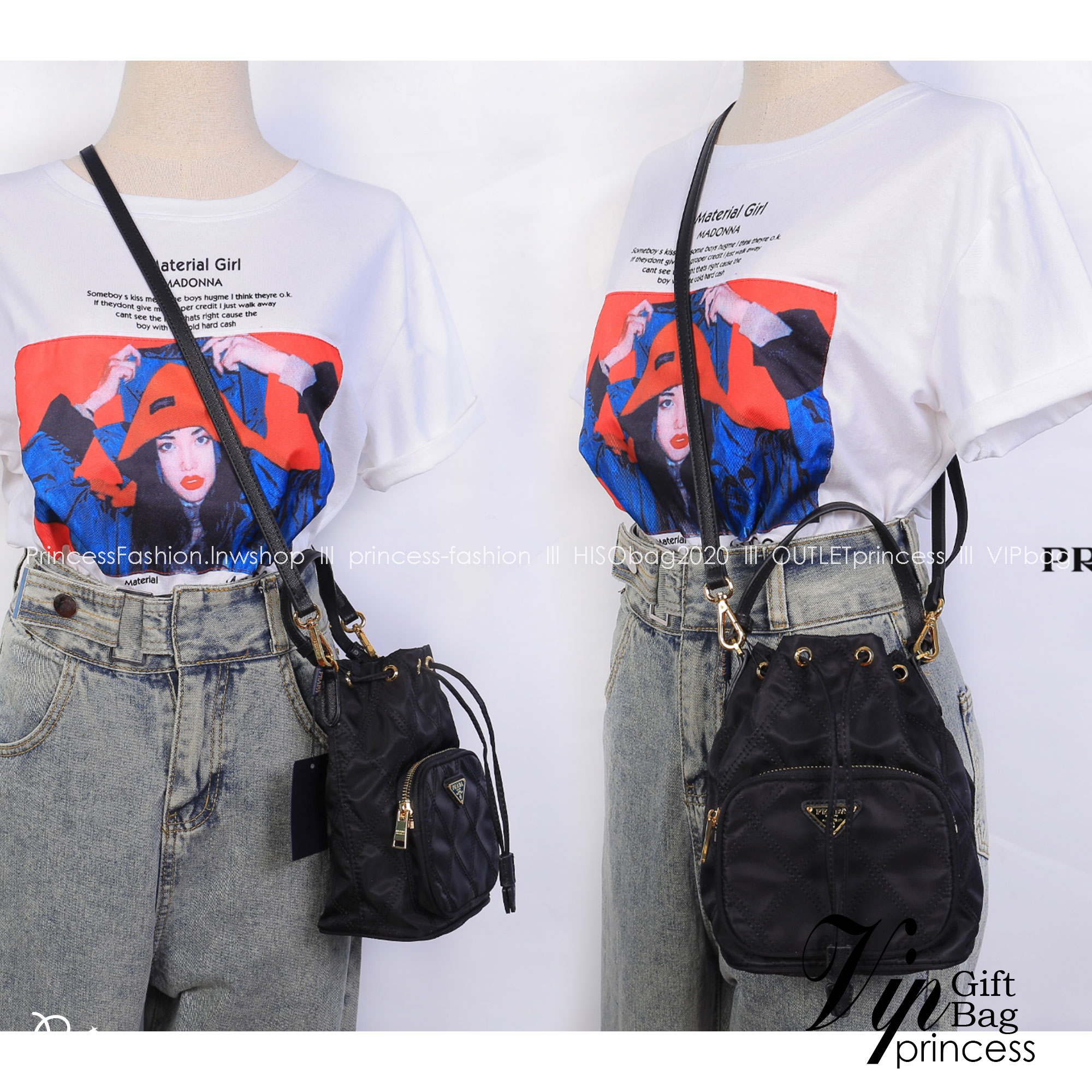 PRADA DRAWSTRING BAG WITH STRAP / PRADA BUCKET BAG / Prada Nylon Handbag and Crossbody bag กระเป๋าสะพายทรงจีบ วัสดุ Nylon ลายตาราง คุณภาพดี ขนาดกำลังดี