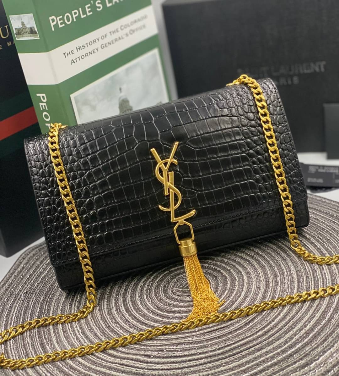 VIP 】หนังแท้ YSL Saint Laurent Kate Tassel Bag in Black Crocodile-Embossed Leather with Gold Hardware