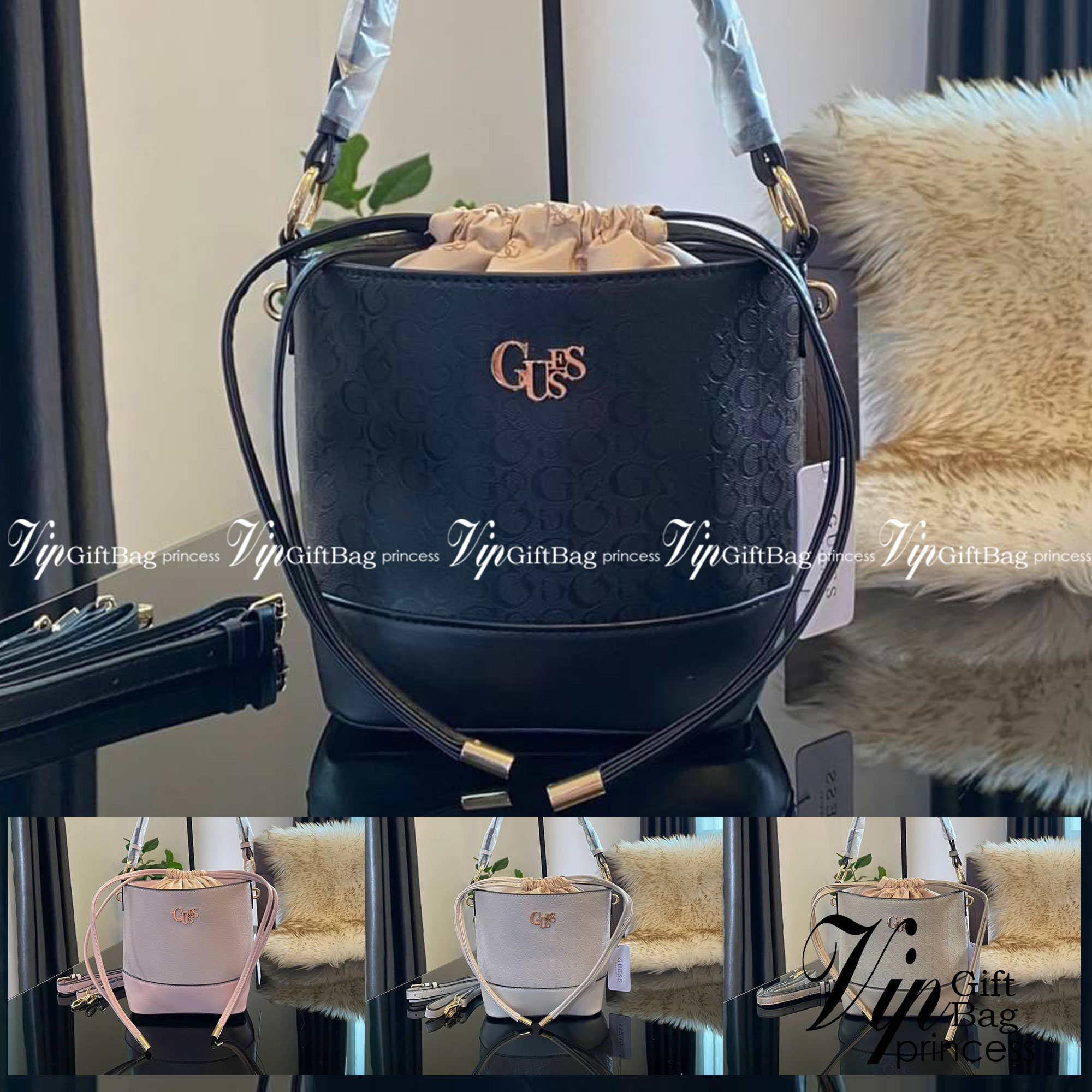 Guess Agata Bucket Handbag กระเป๋ารุ่นใหม่ล่าสุดทรงถังสุดน่ารัก พิมพ์ลายรอบใบ วัสดุ Saffiano PU คุณภาพดี นิ่ม น้ำหนักเบา ด้านหน้าประดับด้วยโลโก้แบรนด์สวยโดดเด่น เปิด-ปิดด้วยเชือกหนังใช้หูรูดปลายเชือกประดับอะไหล่ทองสะดวกใช้ ด้านในโล่งกว้างมีช่องเล็กสำหรับใ