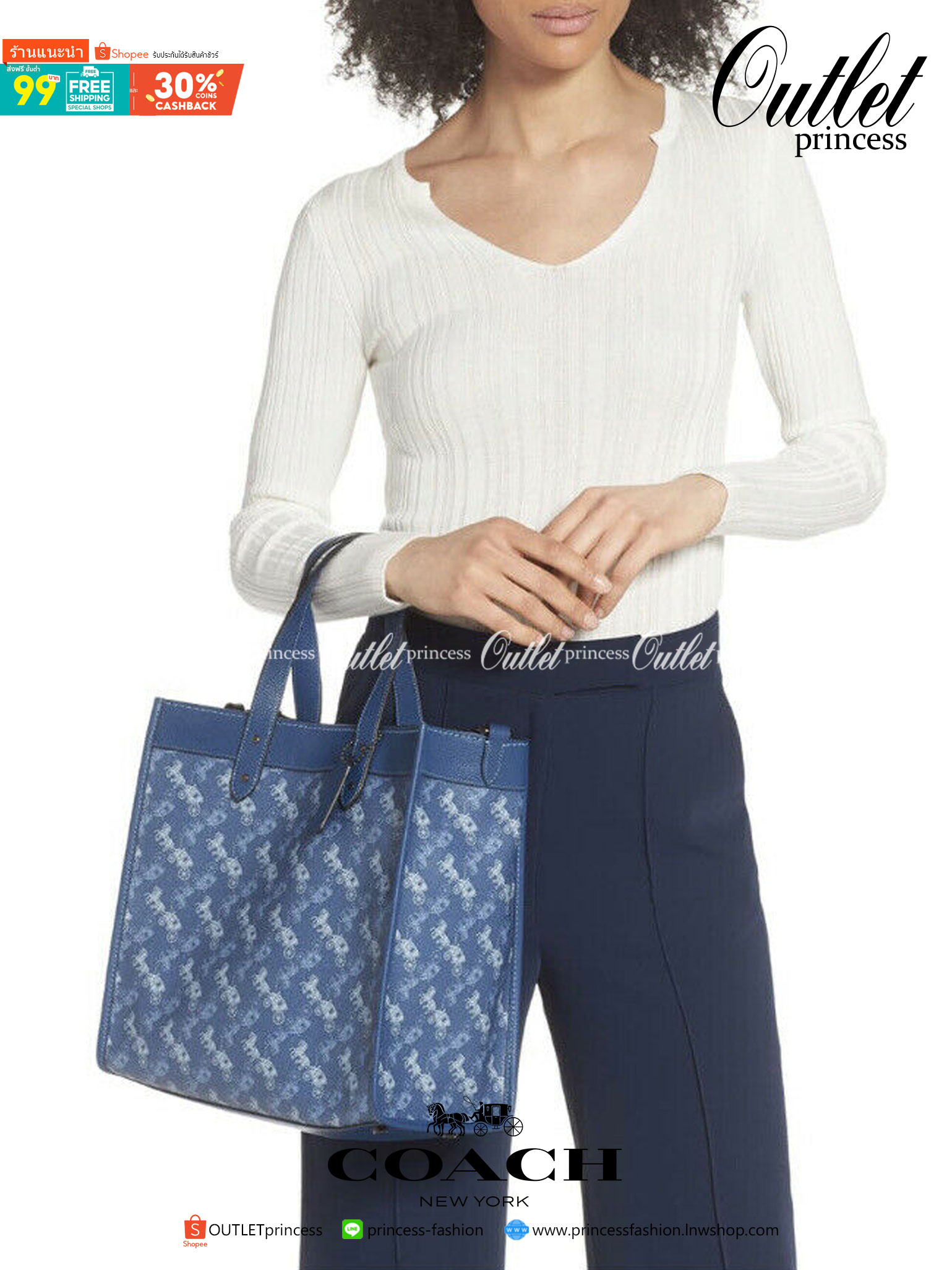 OUTLET 】Coach Field Tote With Horse And Carriage Print พร้อมส่งที่ไทย 89143 Blue True Blue Field Tote