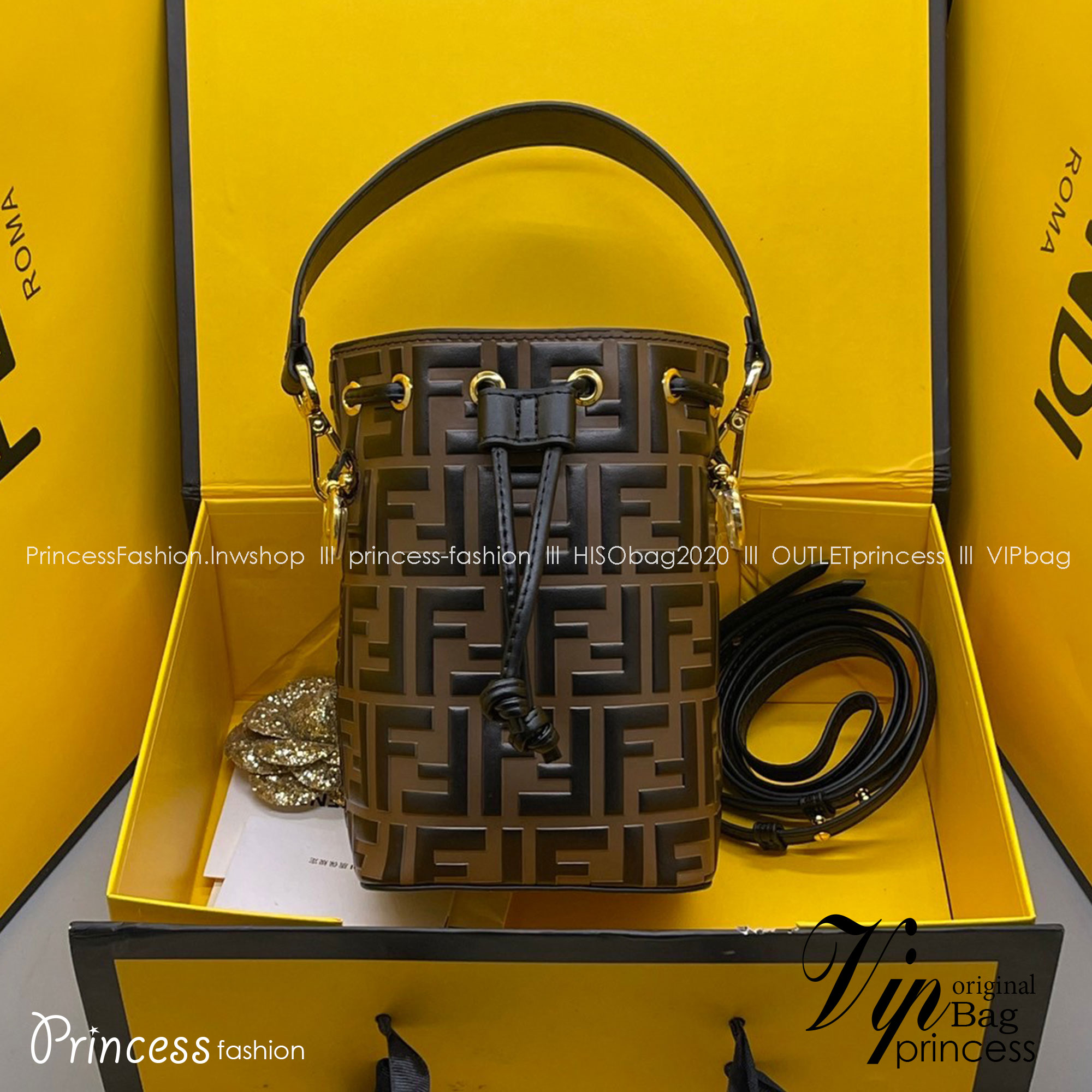 FENDI Mon Tresor Brown leather mini bag / FENDI Bucket Bag กระเป๋าสะพายทรงบัคเก็ต ไซส์มินิ เกรดออริ สลับแท้ 1:1 ใช้ต่างประเทศได้