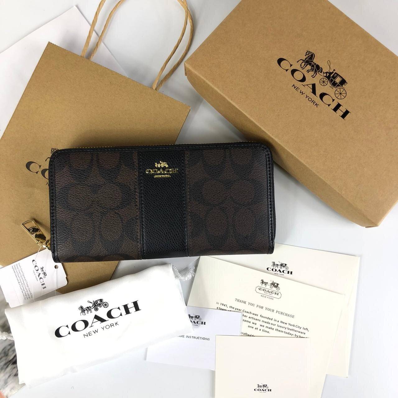 ของแท้ COACH Accordion Zip Wallet in Signature Coated Canvas with Leather กระเป๋าสตางค์ใบยาว เปิด-ปิดกระเป๋าด้วยซิปรอบ