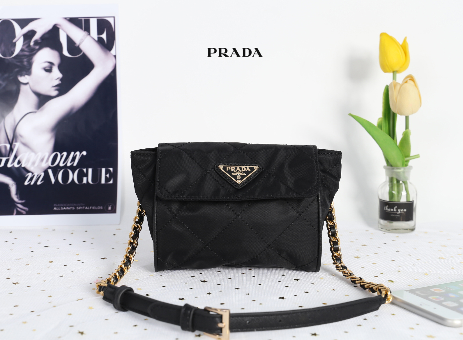 PRADA SHOULDER BAG / Prada Metal chain Quilted Waist Pouch กระเป๋าไนล่อนเย็บเป็นลายตาราง ดูหรูหราใบเล็กน่ารัก ด้านในโล่ง มี 1 ช่องซิป ซับในด้วยผ้าพิมพ์ลายแบรนด์