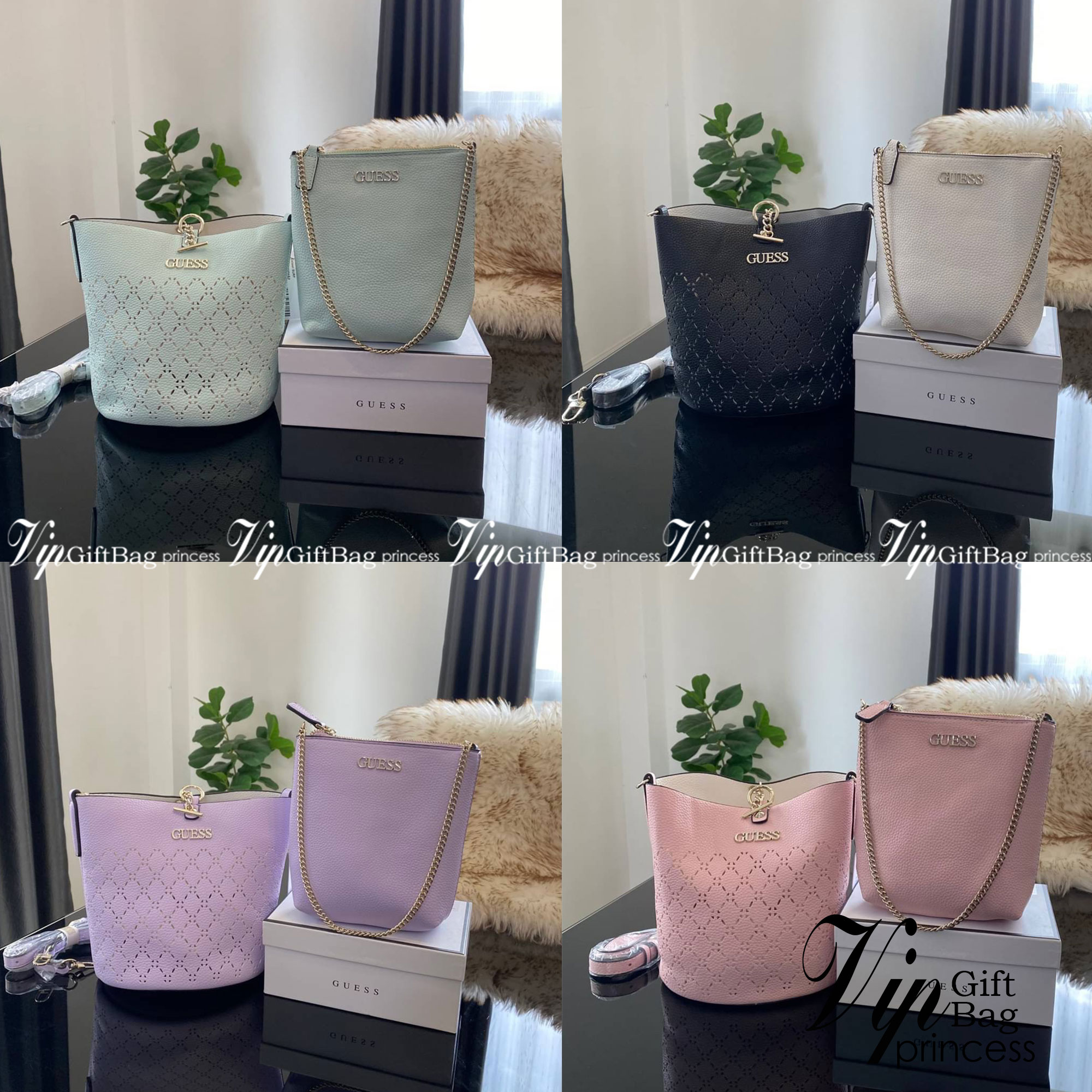 Guess Amara Bucket Handbag ซื้อ 1 ได้ถึง 2 กระเป๋ารุ่นใหม่ล่าสุดทรงถังสุดน่ารัก พิมพ์ลายรอบใบ วัสดุหนังนิ่มคุณภาพดี นิ่ม น้ำหนักเบา ด้านหน้าประดับด้วยโลโก้แบรนด์สวยโดดเด่น เปิด-ปิดด้วยด้วยตัวคล้องอะไหล่เงินสะดวกใช้ ด้านในโล่ง มีสายยาวปรับระดับได้มาให้ มาพ