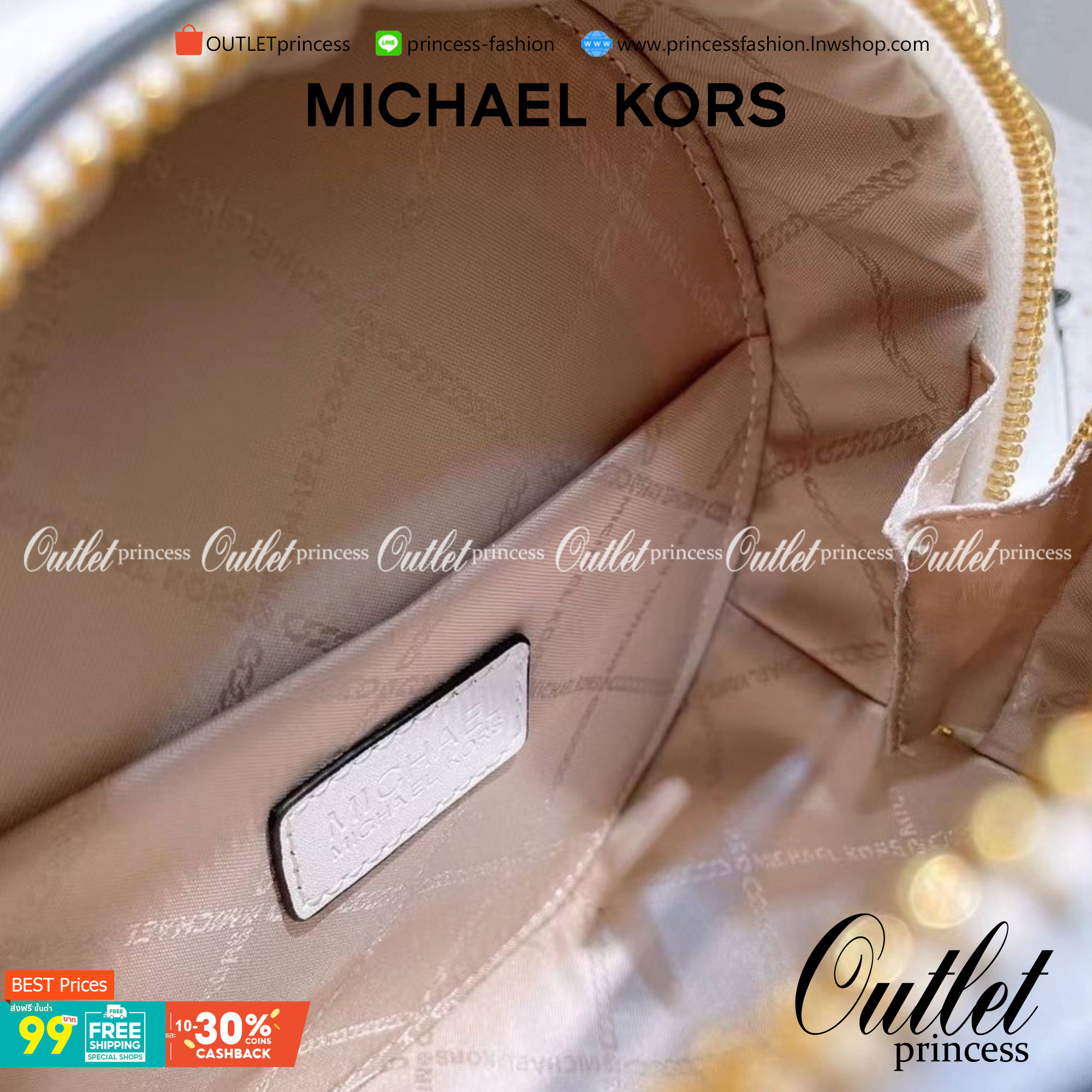 MICHAEL KORS ROUND CROSSBODY สีขาว/ดำ พร้อมส่งที่ไทย กระเป๋าสะพายMK ทรงกลม งานซิปเปิดได้กว้าง หนังพิมพ์ลายแบรนด์ มาพร้อมสายสะพายยาวครอสบอดี้ได้ค่ะ อะไหล่ทองสวยหรู งานจริงสวยน่าใช้มากค่ะ