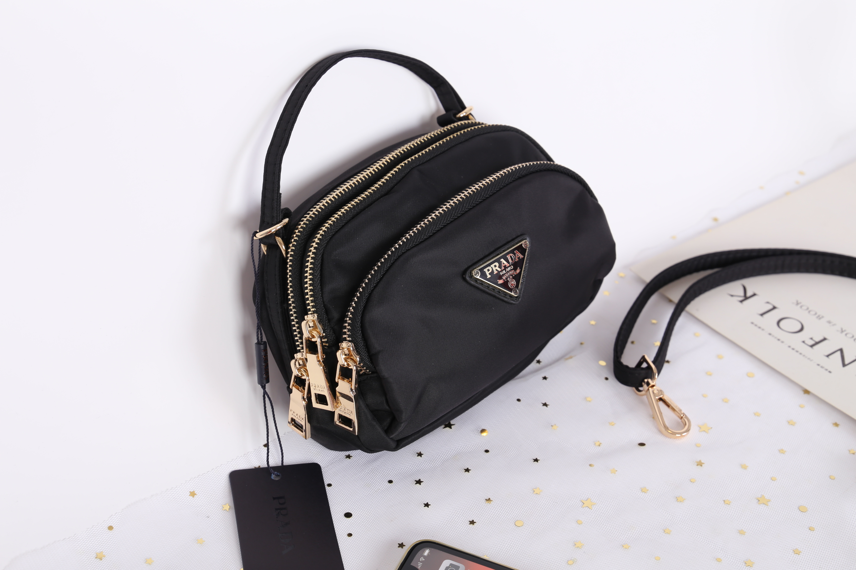 PRADA MINI 3 ZIPPER NYLON HANDBAG & SHOULDER BAG กระเป๋าถือหรือสะพายทรง dome size mini วัสดุ nylon มีหูหิ้วจับถนัดมือ