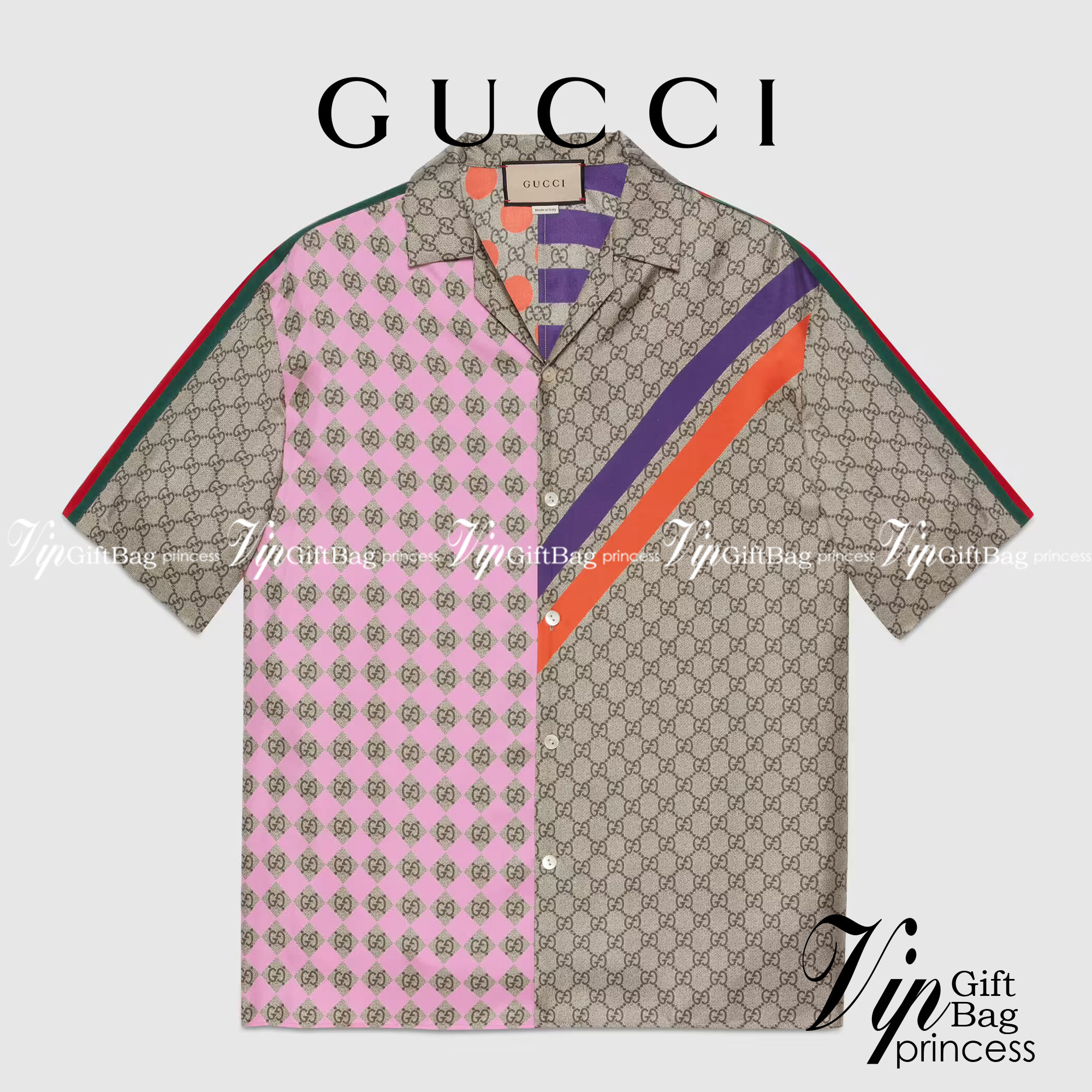 Gucci Geometric GG print bowling shirt Multicolor geometric GG print silk twill / Gucci Men's Shirts / Gucci Shirts งานเกรดออริจินอล พิมพ์ลายคมชัด มีป้ายแท็กที่คอเสื้อทุกตัว พร้อมส่งที่ไทย ภาพสินค้าถ่ายจากงานขายจริง ใช้งานต่างประเทศได้