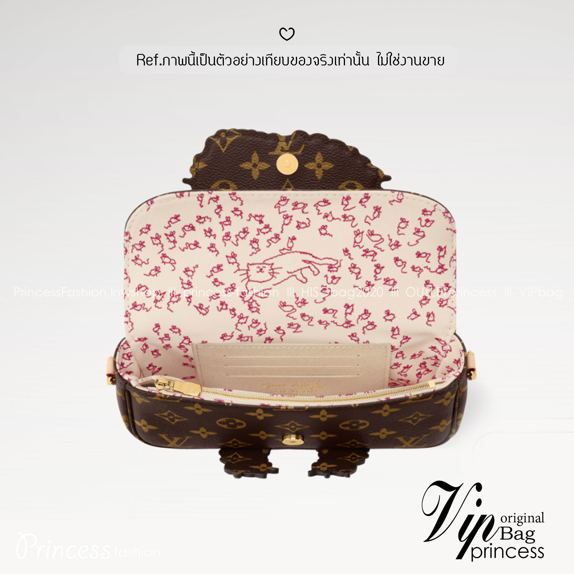 ORI หนังแท้ | LV Ivy chain wallet love of cats กระเป๋าสะพายไอวี่ดีไซน์กระเป๋าสตางค์ โดดเด่นด้วยการตกแต่งภาพประกอบแสนสดใสที่วาดมือลายน้องแมว พร้อมช่องใส่บัตร สายสะพายหนังและโซ่ถอดได้