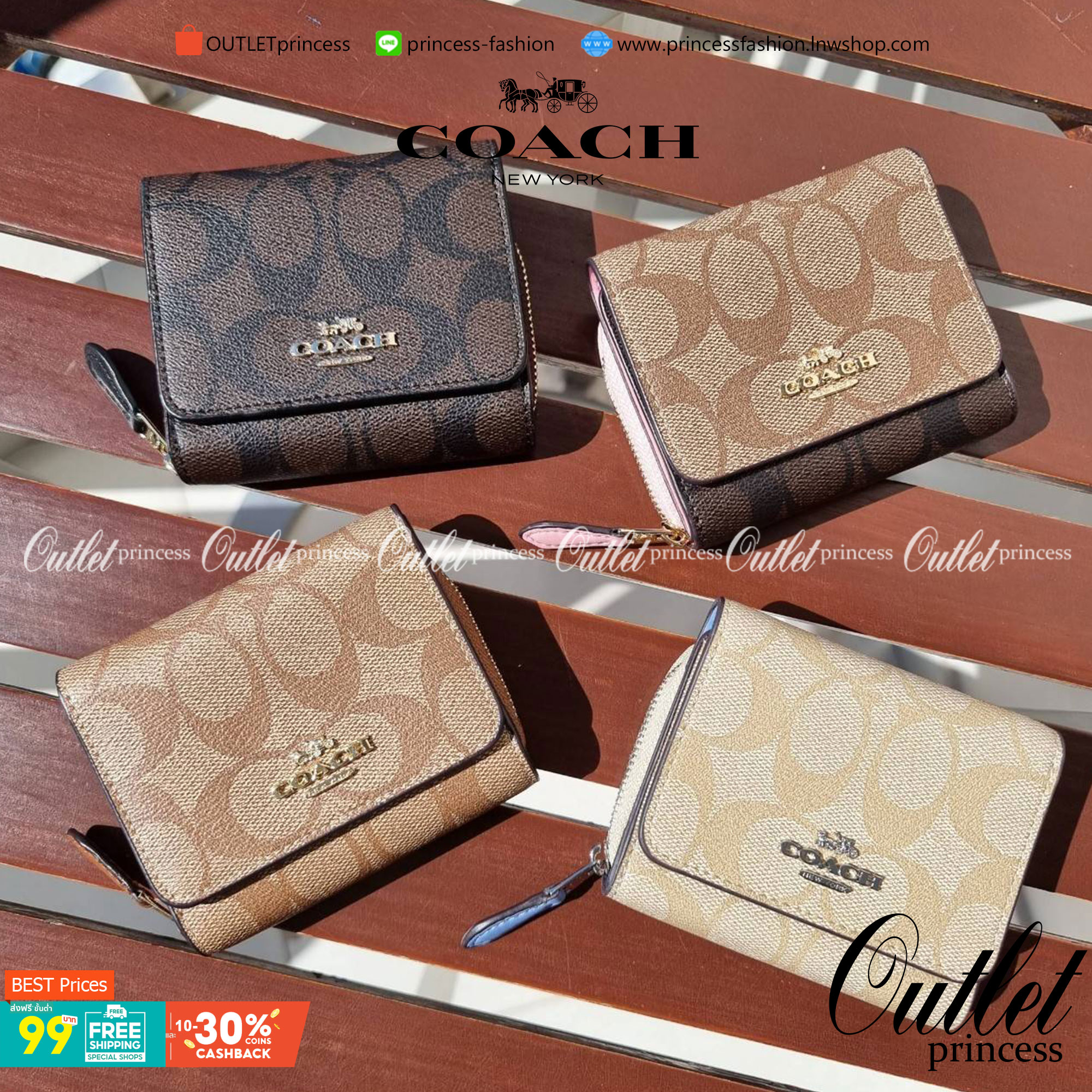OUTLET 】COACH F41302 SMALL TRIFOLD WALLET IN SIGNATURE CANVAS สวยคลาสสิค พกพาง่าย ใบเล็กน่ารักน่าใช้ ต้องยกให้ใบนี้จ้า 💗💋 ตอบโจทย์คนชอบพกน้อยที่สุด!! กระเป๋าสตางค์ใบสั้นหนังแคนวาสเคลือบคุณภาพดี ภายในเป็นหนังแท้ ใส่บัตร ใส่ธนบัตรได้ทุกชนิด 