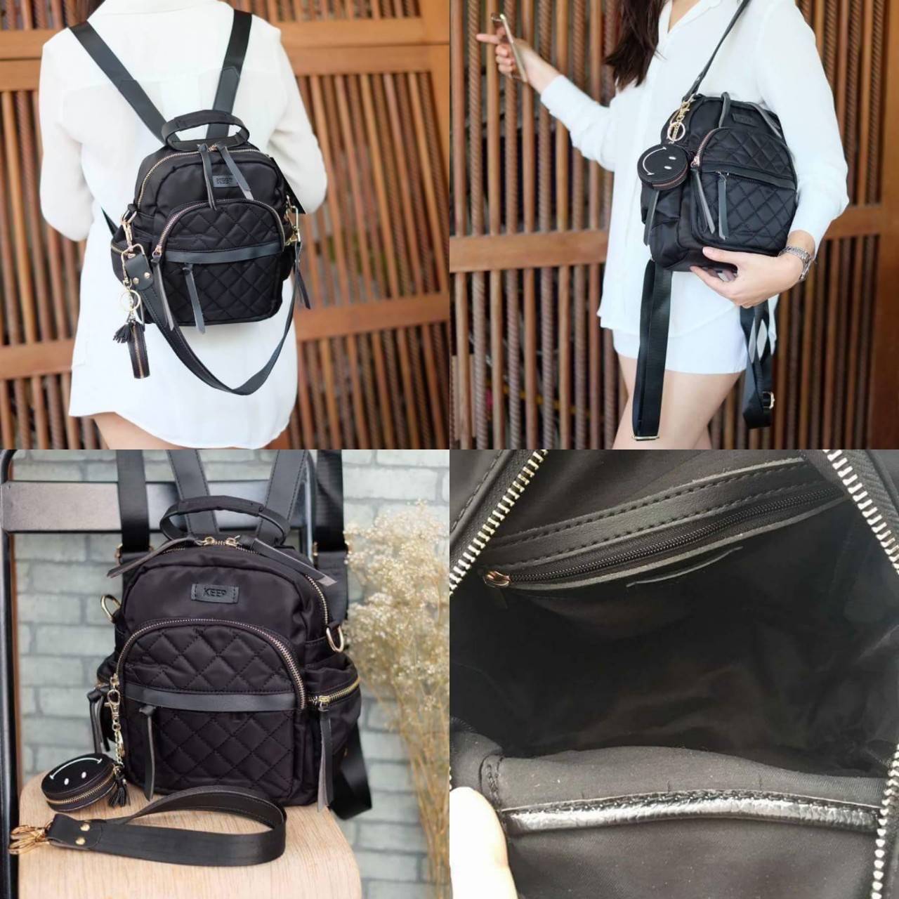 Keep Rouget Backpack กระเป๋าเป้ทรงน่ารักจากแบรนด์ ปรับสะพายได้หลายแบบ มาพร้อมพวงกุญแจ smile bag วัสดุจากผ้าไนล่อนเนื้อดี ตีลายตาราง น้ำหนักเบา ตัวกระเป๋ามีสายสั้น ให้เพิ่มอีก 1 สาย สำหรับสะพายไหล่ ขนาดกำลังดี ใส่กระเป๋าสตางค์ใบยาว, มือถือได้ทุกรุ่น มีช่อง