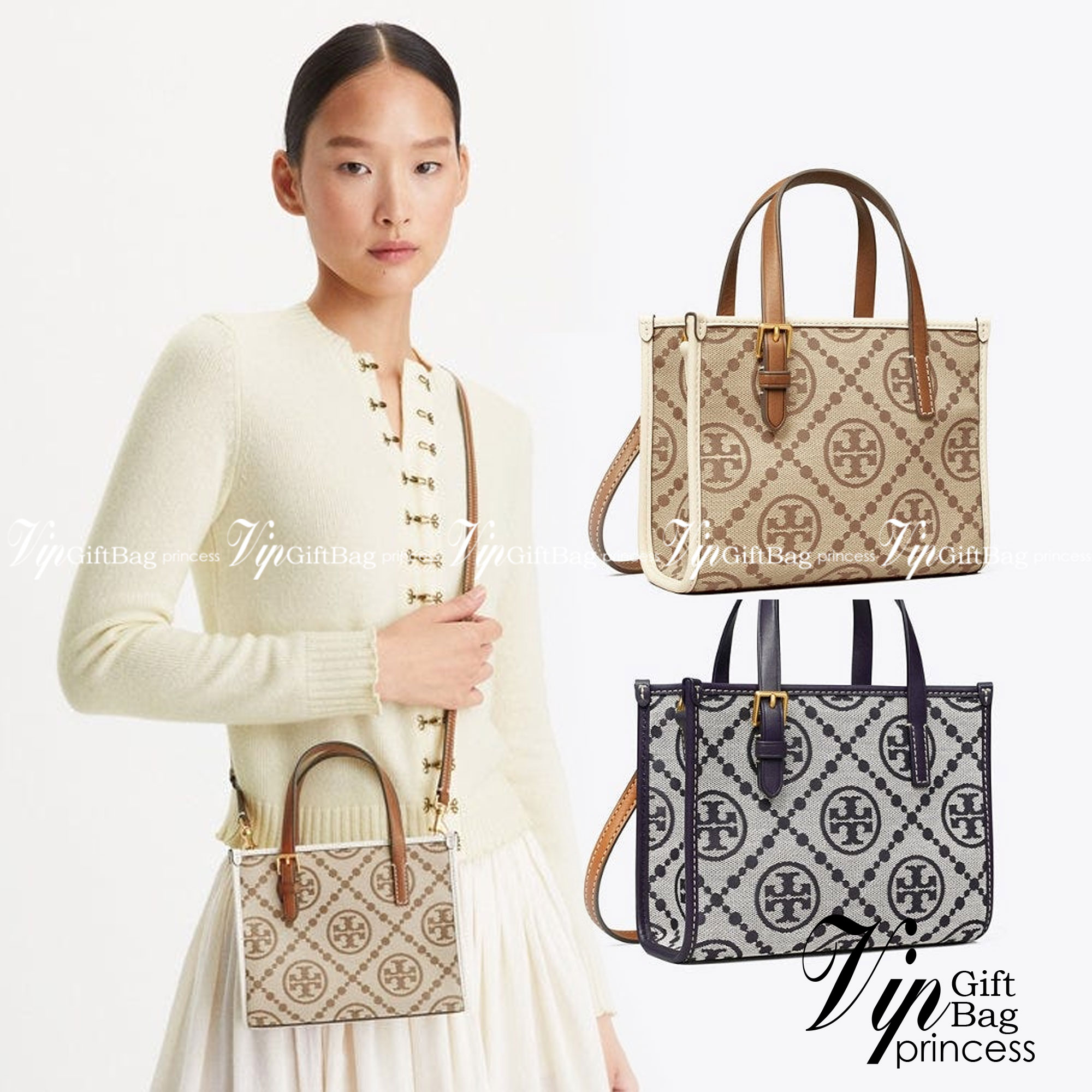 Tory Burch Mini T Monogram Square Tote / TORY BURCH Shopper Tote Bag 19cm ใบเล็ก กระเป๋าทรงโท้ท รุ่นใหม่ Square Tote ตกแต่งขอบด้วยหนังหรู มาพร้อมช่องเก็บของที่จุของได้มากมาย และสายจับกระเป๋าที่สามารถสะพายขึ้นไหล่ เหมาะสำหรับการใช้งานหลากหลายรูปแบบ รังสรรค