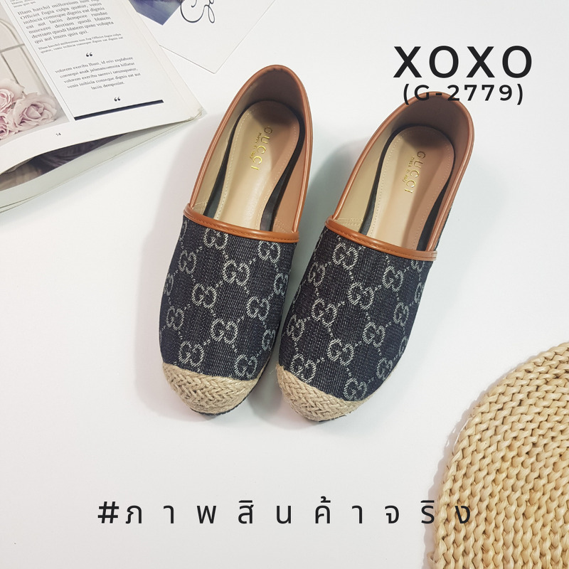 GUCCI คัชชู หน้ากว้าง ใส่สบาย วัสดุยีนส์ลายแบรนด์ นุ่มใส่สบาย แต่งปอฟางรอบ สวยเก๋ แมทส์ชุดง่าย น้ำหนักเบา